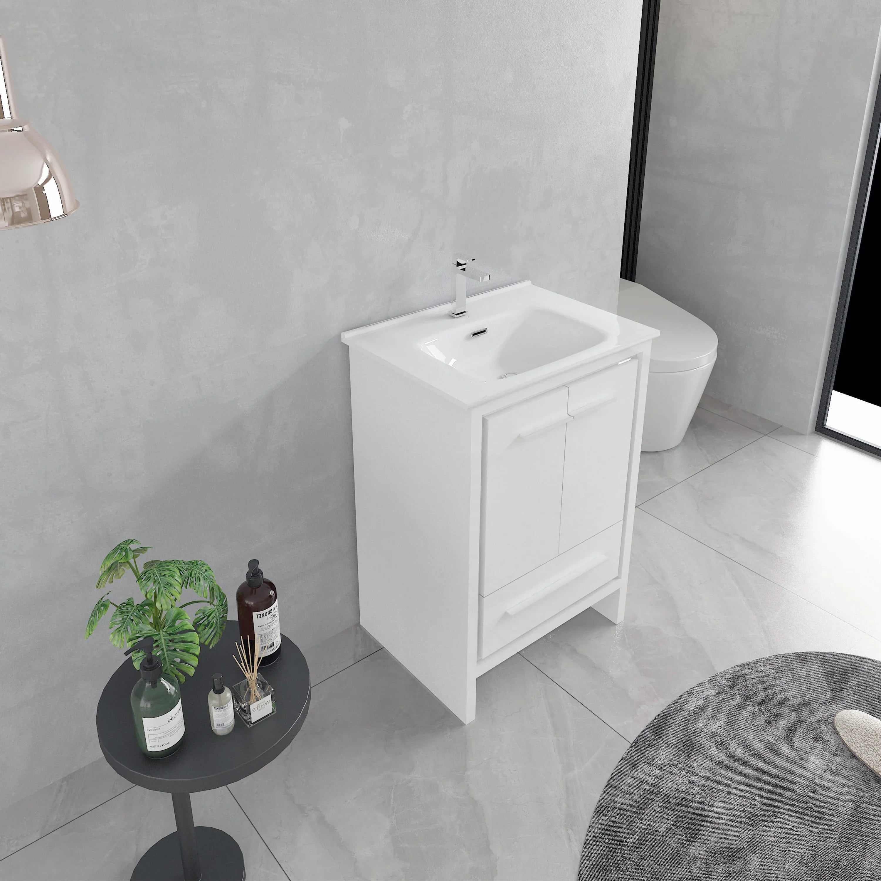 24" Glossy White Freestanding Single Sink Bathroom Vanity with White Ceramic Countertop-Migration_Bathroom Vanities-DECOROLALA