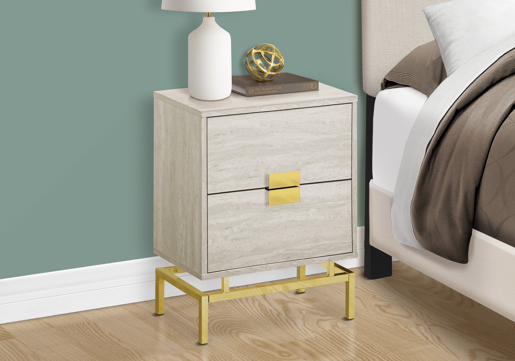 24" Gold And Beige End Table With Two Drawers-End-Side Tables-DECOROLALA