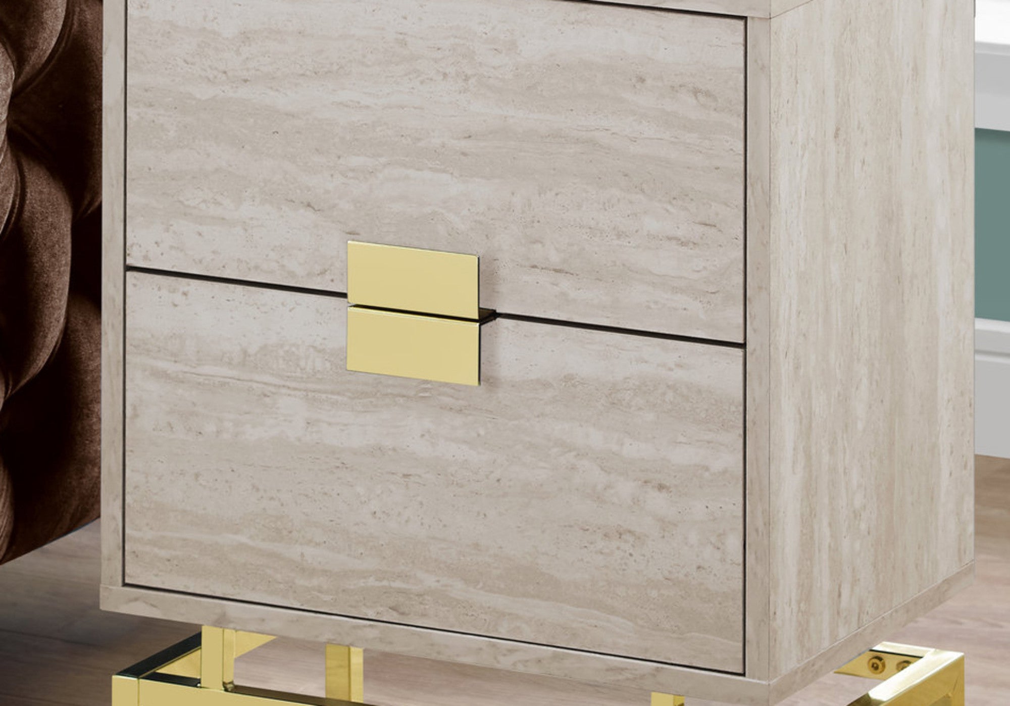 24" Gold And Beige End Table With Two Drawers-End-Side Tables-DECOROLALA