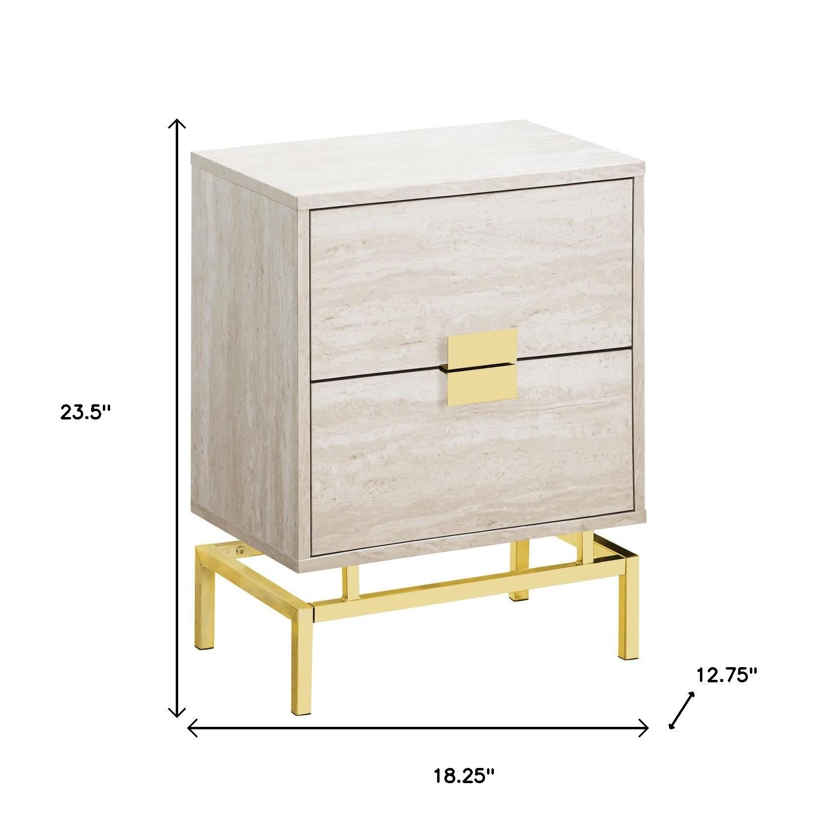 24" Gold And Beige End Table With Two Drawers-End-Side Tables-DECOROLALA