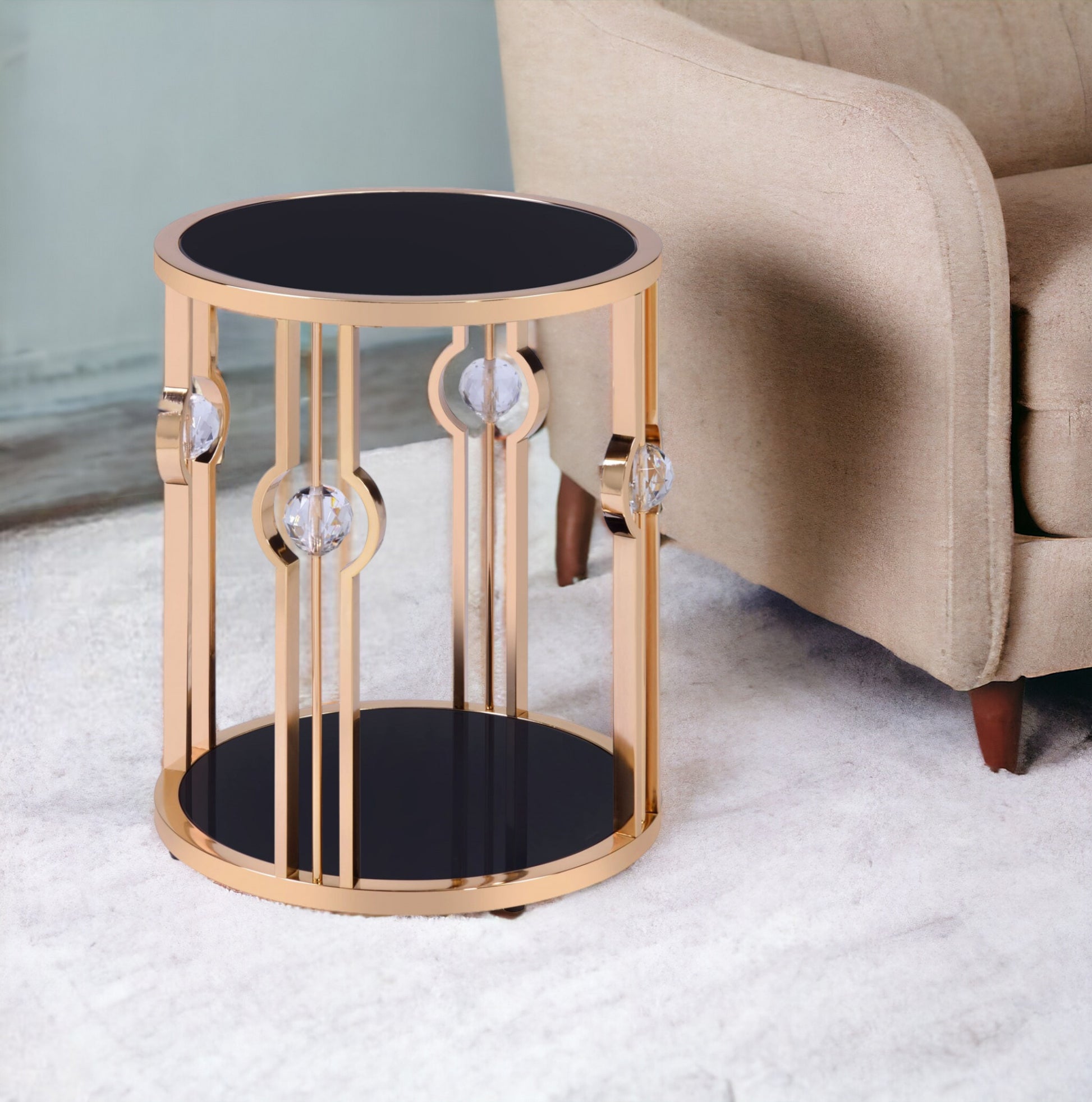24" Gold And Black Glass Round End Table-End-Side Tables-DECOROLALA