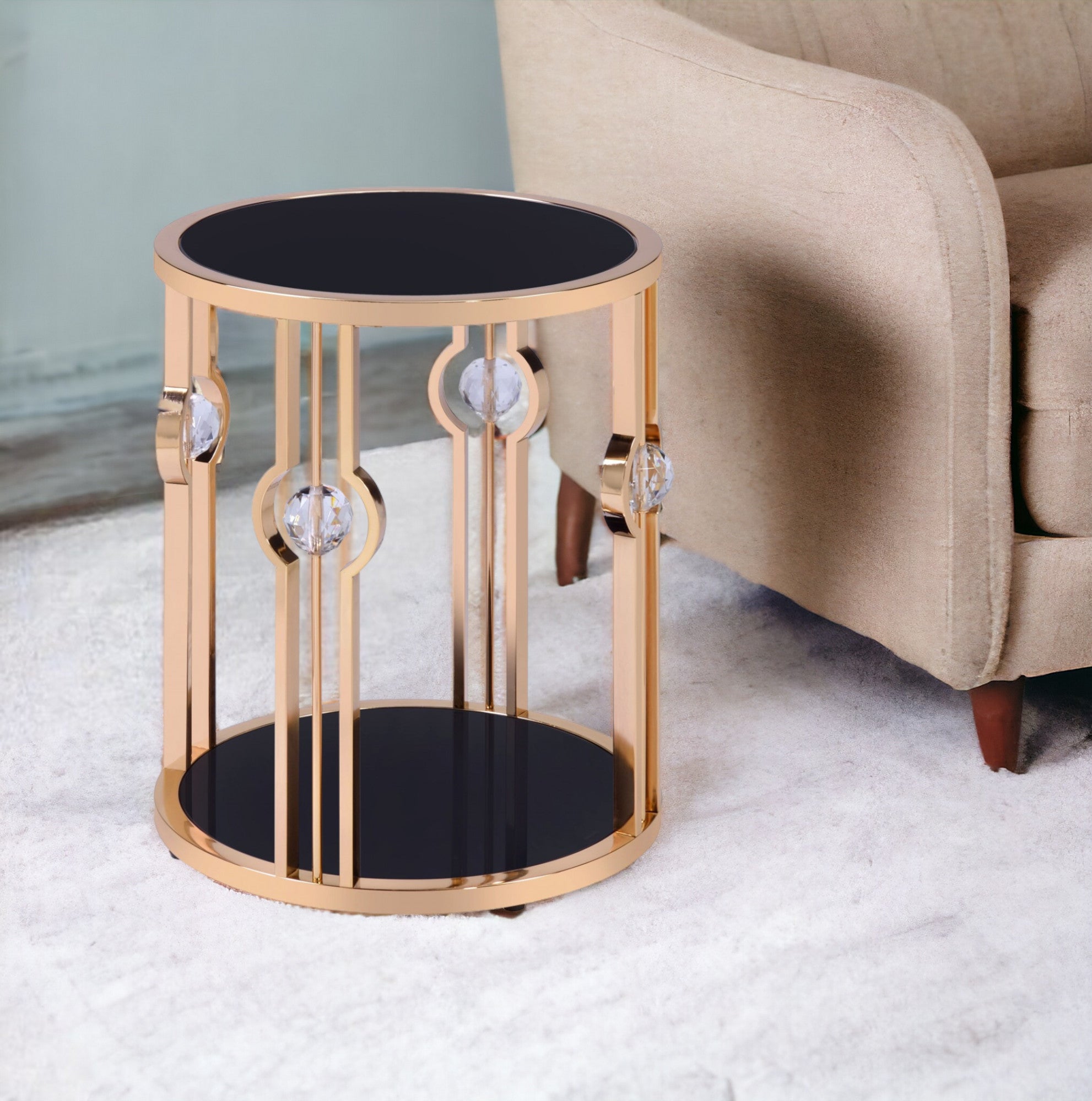 24" Gold And Black Glass Round End Table-End-Side Tables-DECOROLALA