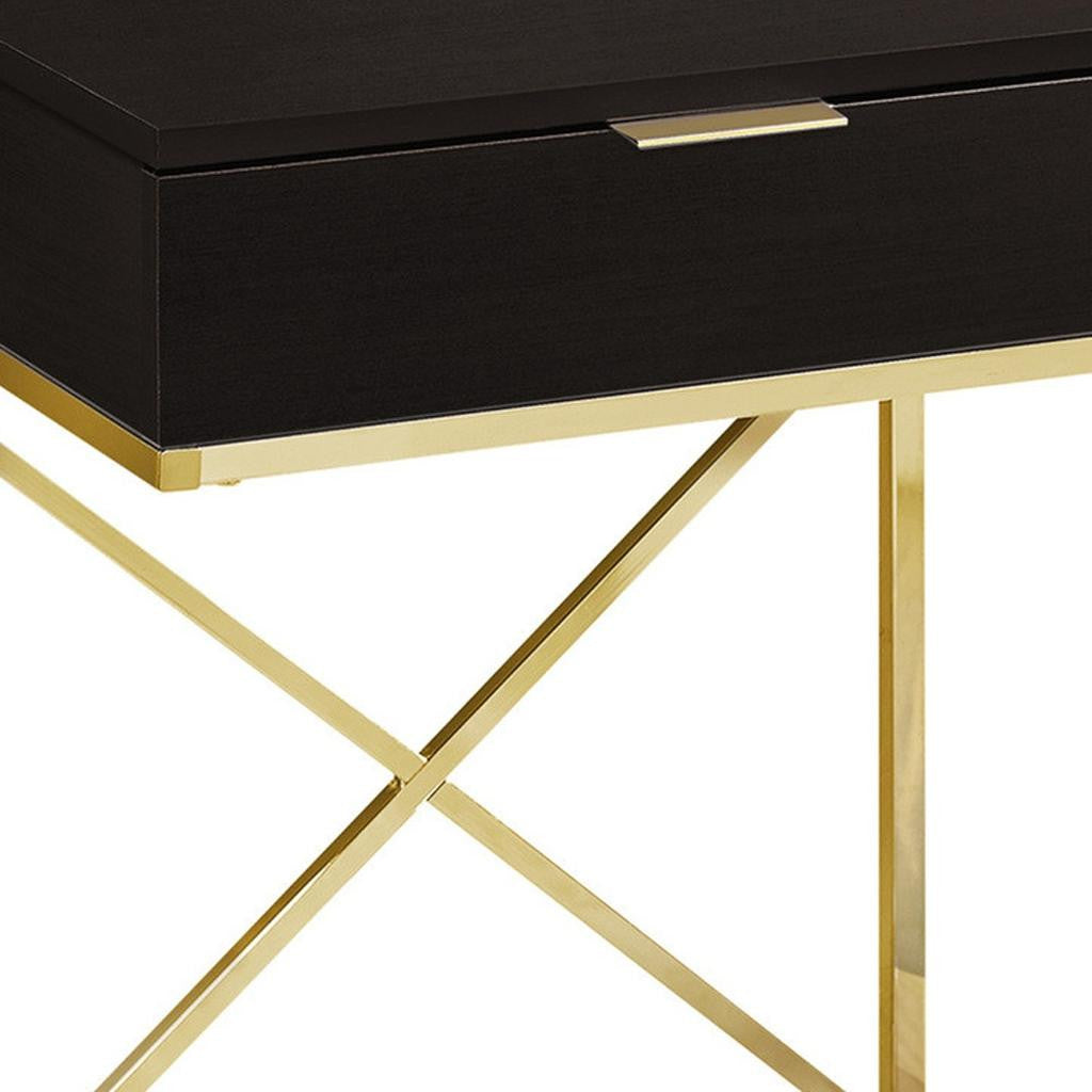 24" Gold And Black Wood And Metal End Table With Drawer-End-Side Tables-DECOROLALA