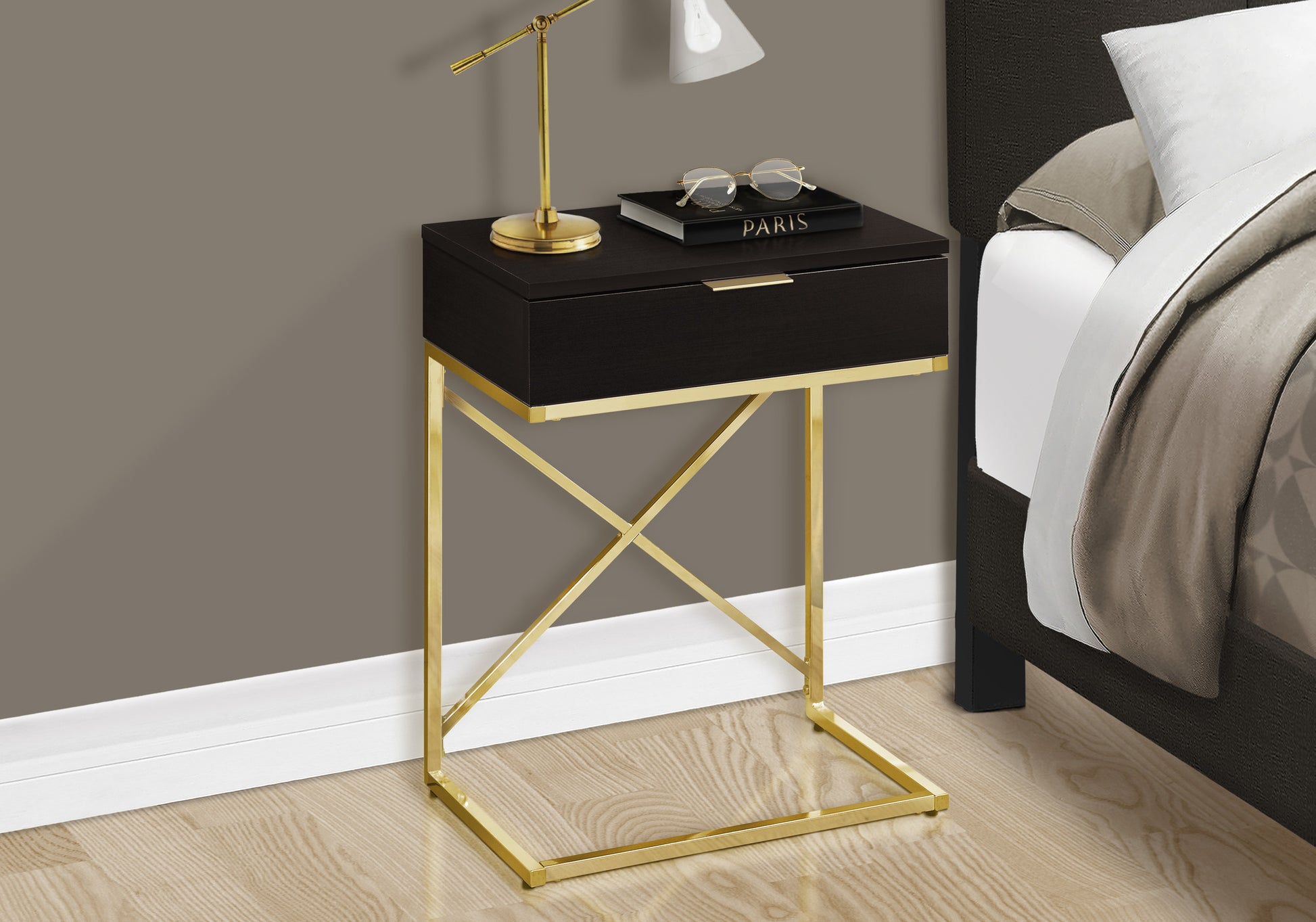 24" Gold And Black Wood And Metal End Table With Drawer-End-Side Tables-DECOROLALA