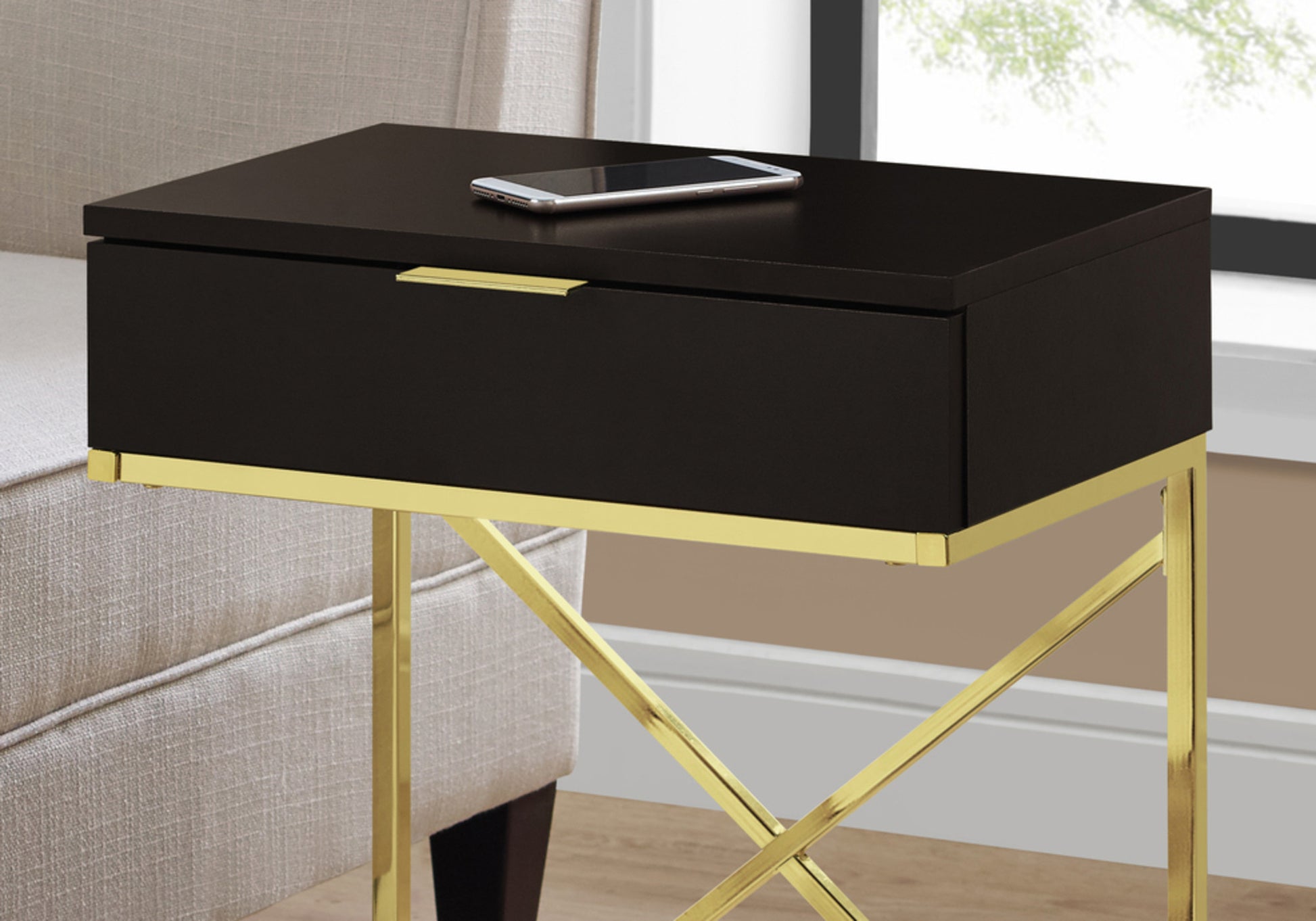 24" Gold And Black Wood And Metal End Table With Drawer-End-Side Tables-DECOROLALA