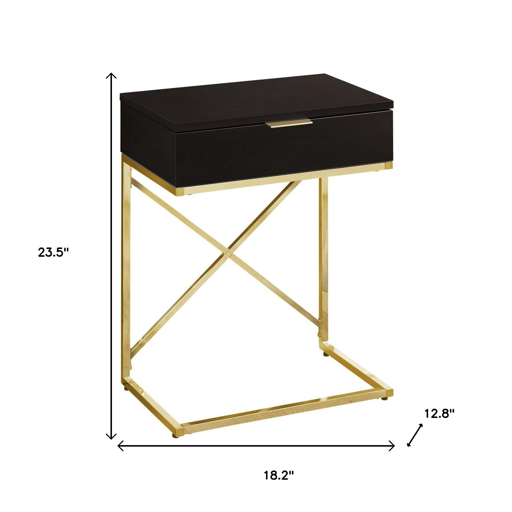 24" Gold And Black Wood And Metal End Table With Drawer-End-Side Tables-DECOROLALA