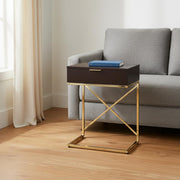 24" Gold And Black Wood And Metal End Table With Drawer-End-Side Tables-DECOROLALA