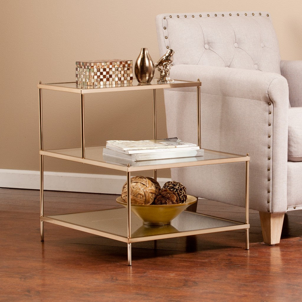 24" Gold And Clear Glass Tiered Rectangular End Table-End-Side Tables-DECOROLALA