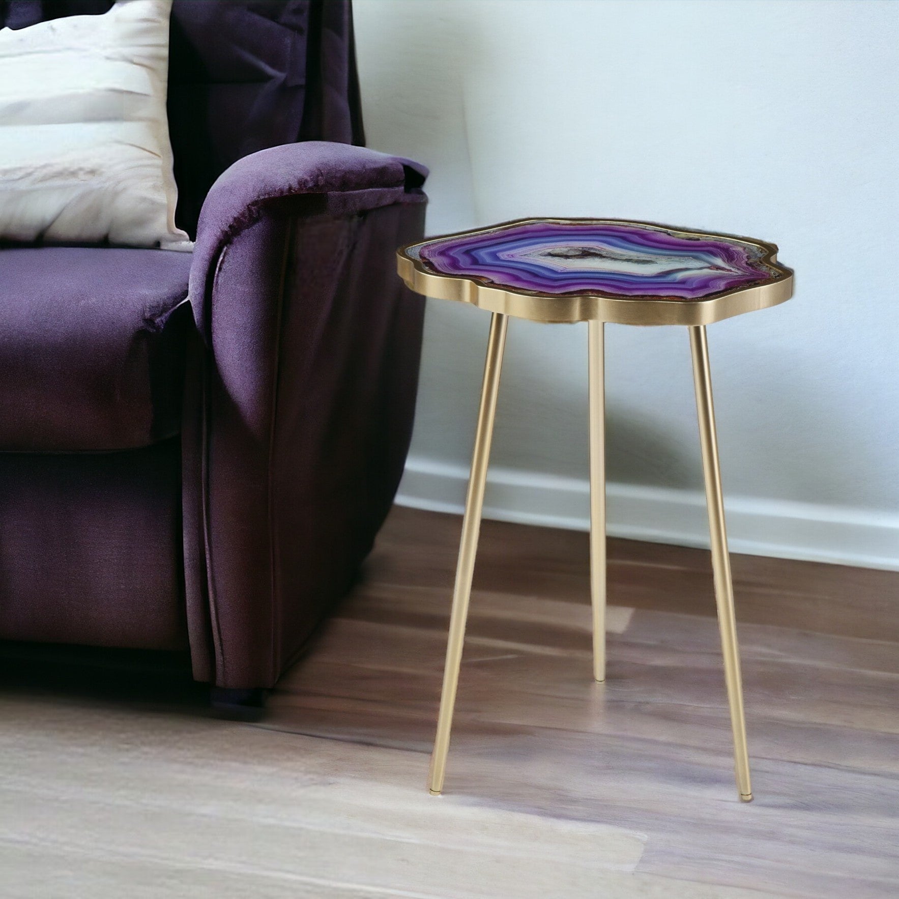 24" Gold And Shades Of Violet Faux Agate End Table-End-Side Tables-DECOROLALA