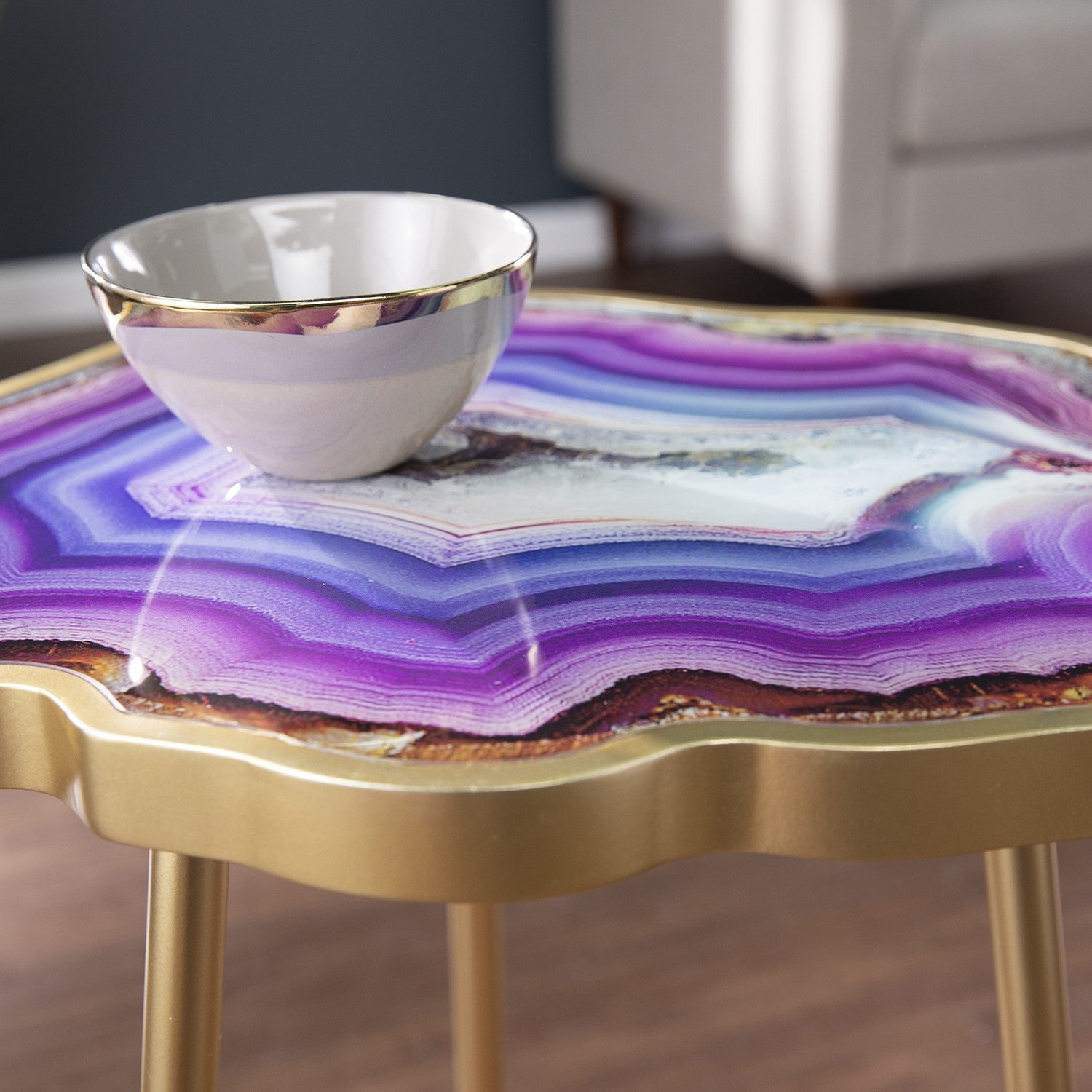 24" Gold And Shades Of Violet Faux Agate End Table-End-Side Tables-DECOROLALA