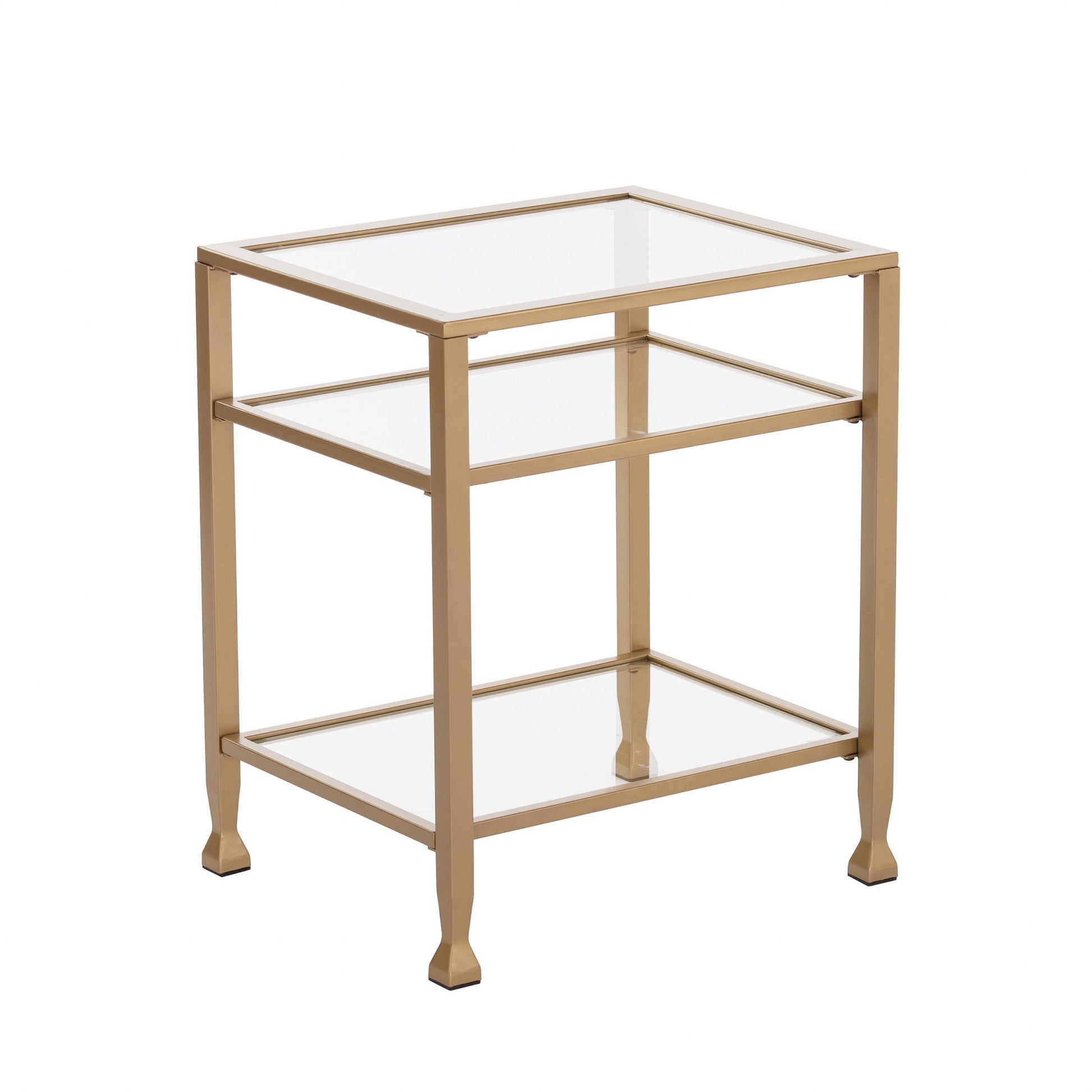 24" Gold Glass And Iron Rectangular End Table With Two Shelves-End-Side Tables-DECOROLALA