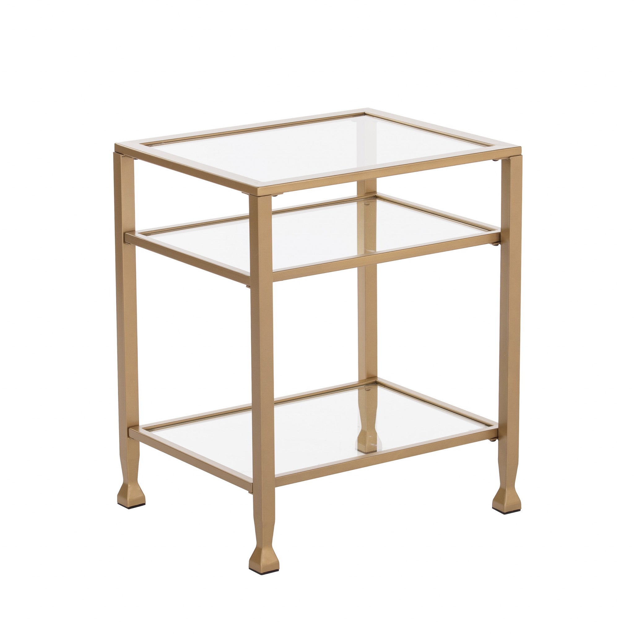 24" Gold Glass And Iron Rectangular End Table With Two Shelves-End-Side Tables-DECOROLALA