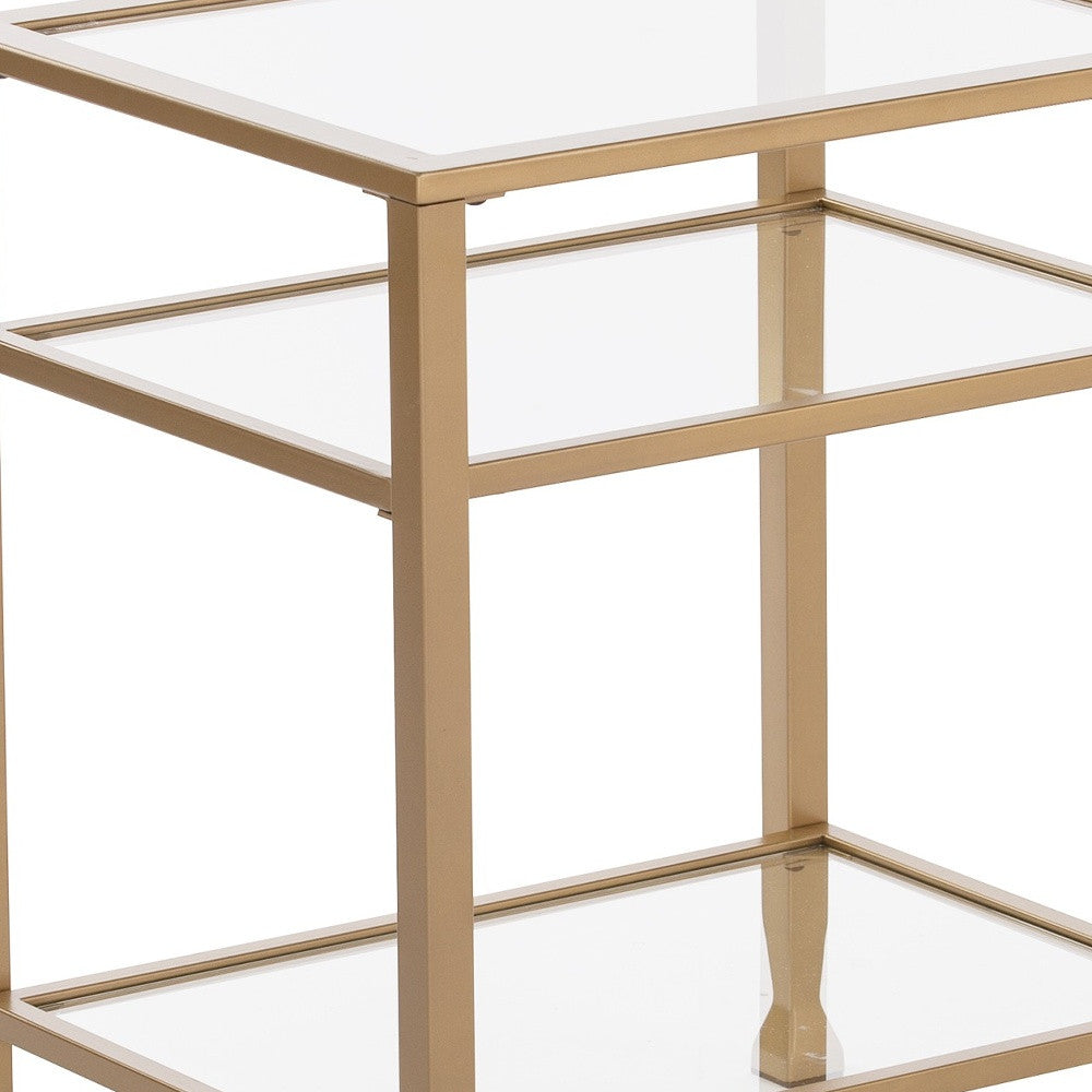 24" Gold Glass And Iron Rectangular End Table With Two Shelves-End-Side Tables-DECOROLALA