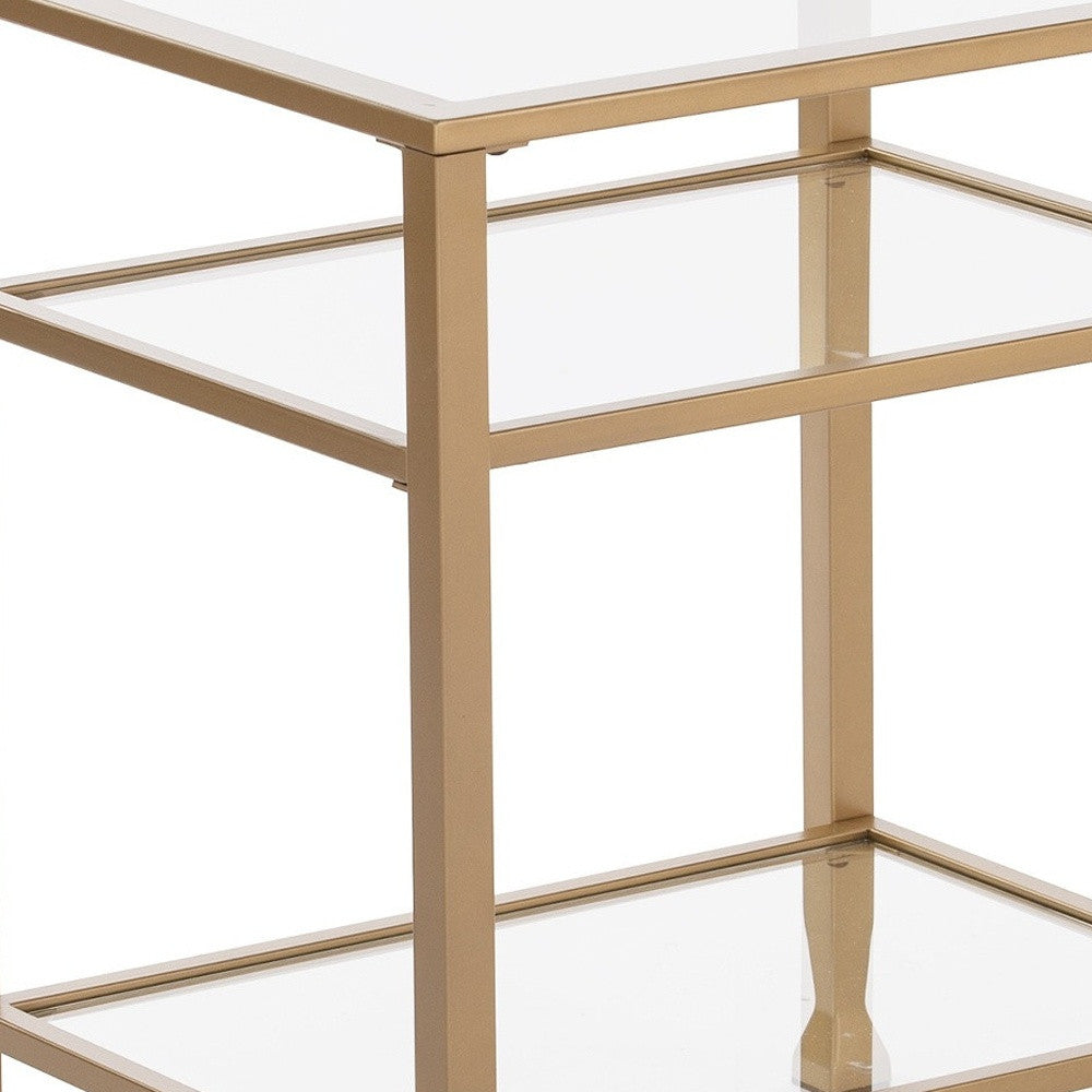 24" Gold Glass And Iron Rectangular End Table With Two Shelves-End-Side Tables-DECOROLALA