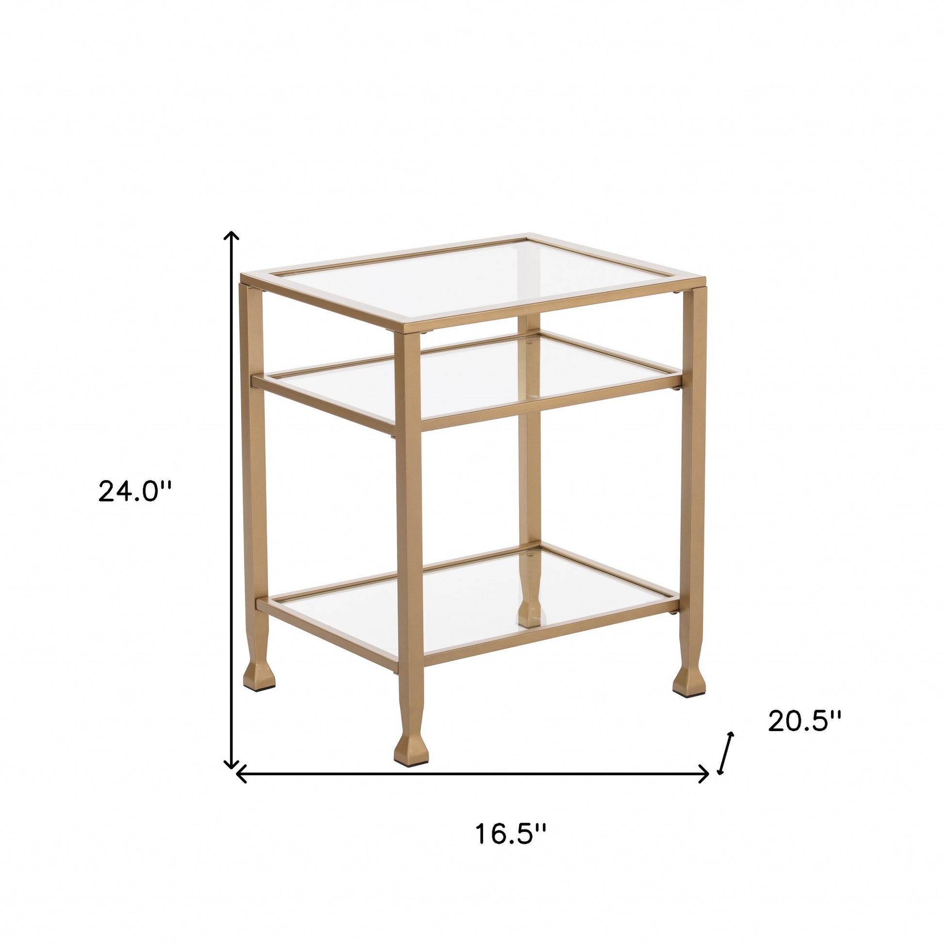 24" Gold Glass And Iron Rectangular End Table With Two Shelves-End-Side Tables-DECOROLALA