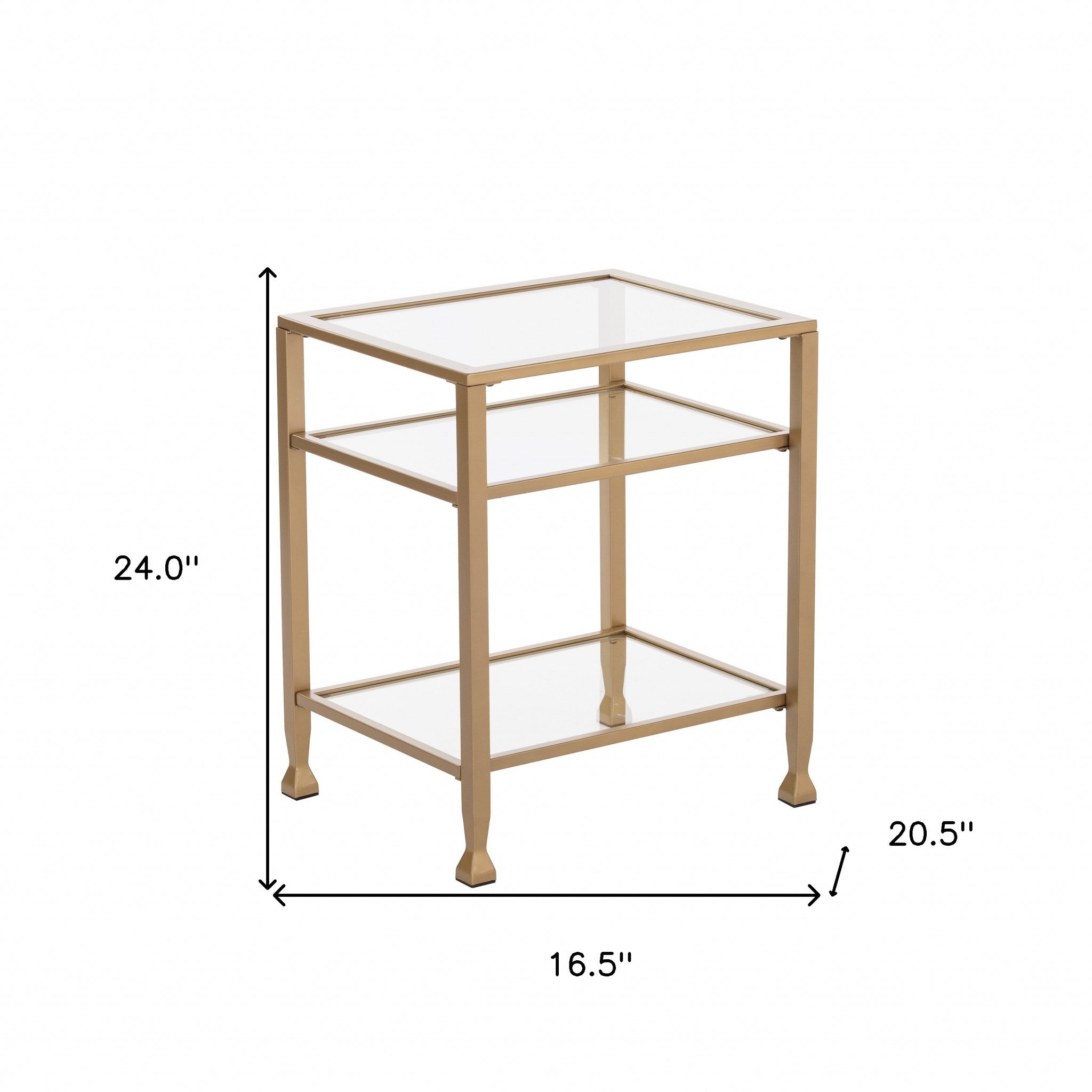 24" Gold Glass And Iron Rectangular End Table With Two Shelves-End-Side Tables-DECOROLALA