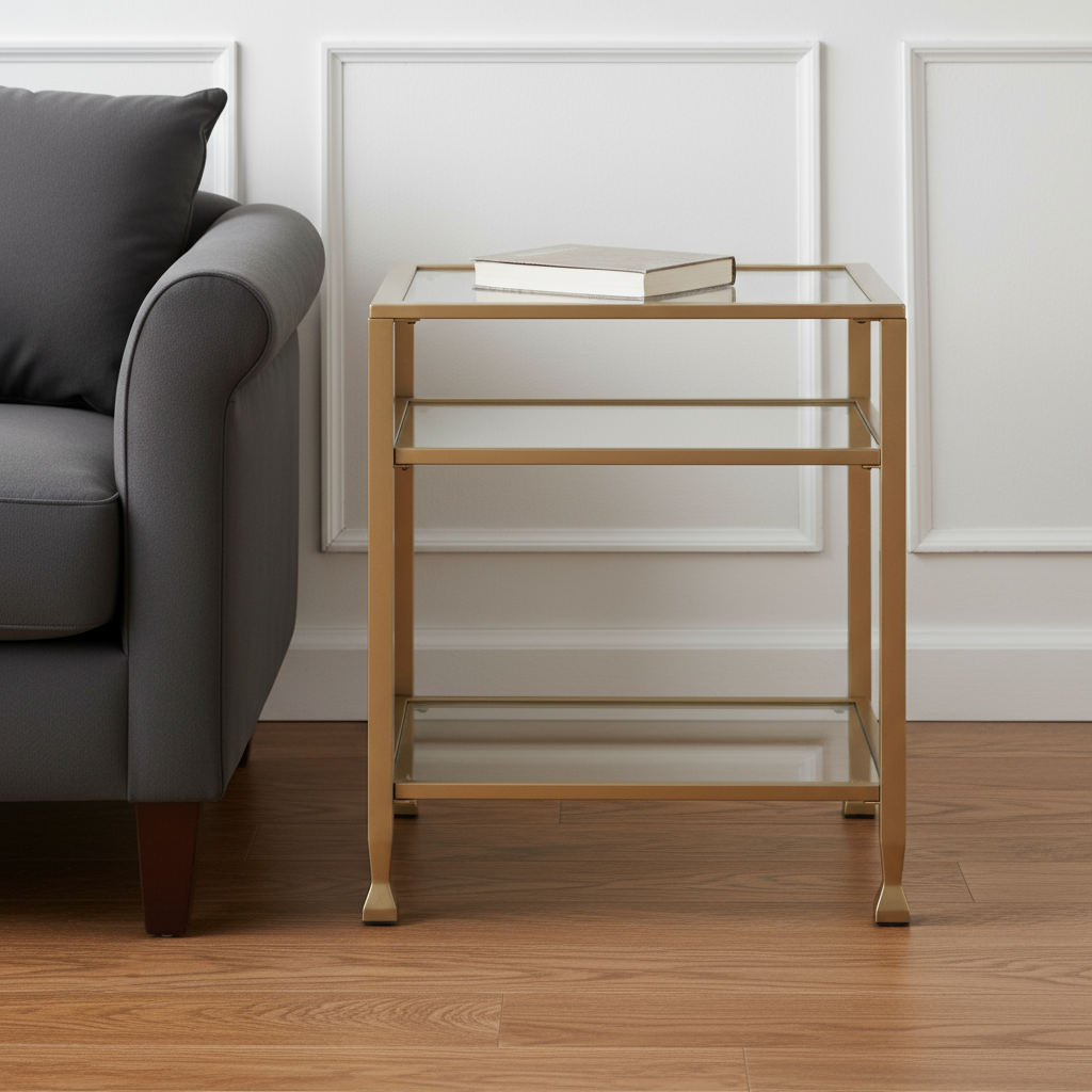 24" Gold Glass And Iron Rectangular End Table With Two Shelves-End-Side Tables-DECOROLALA