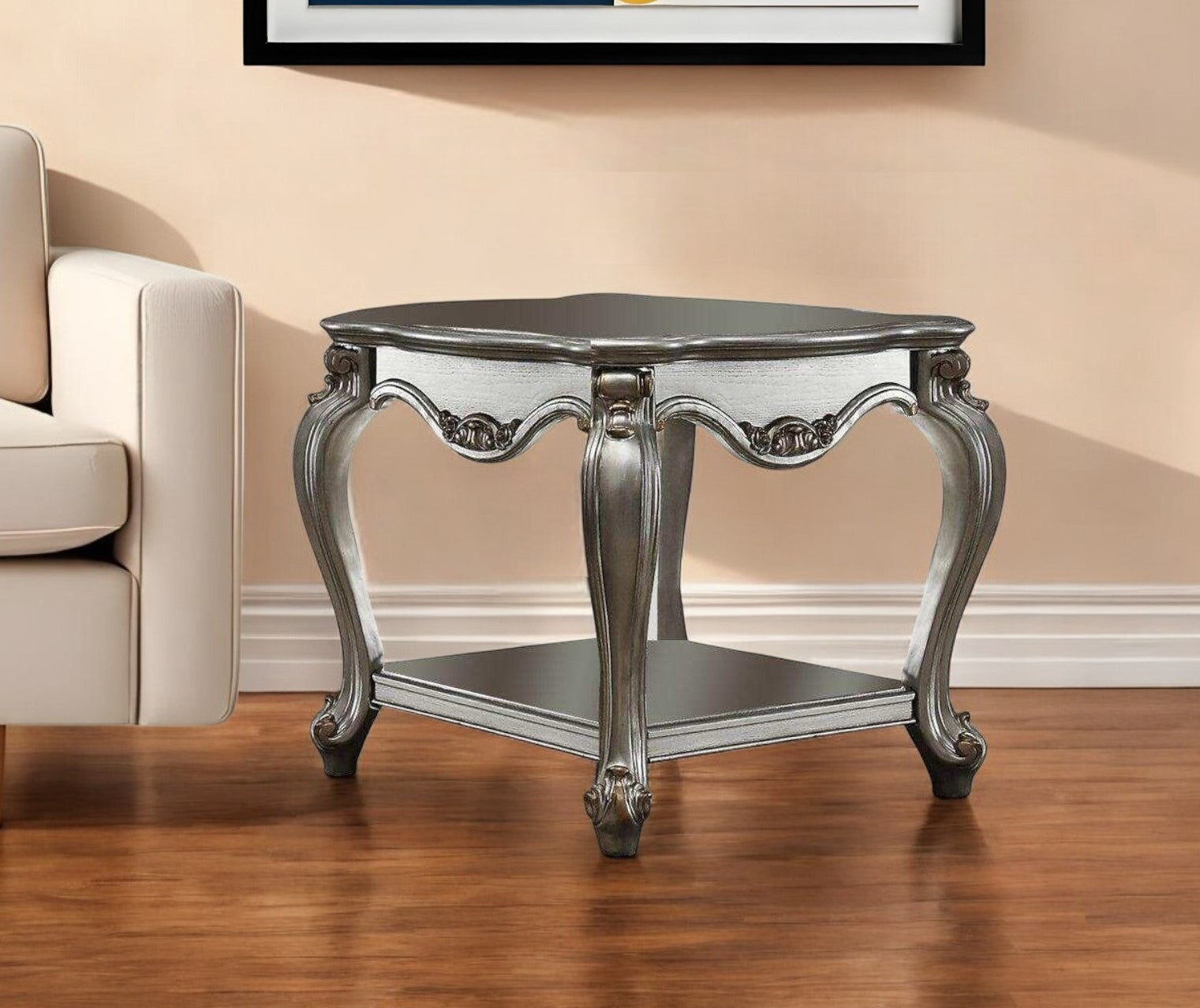24" Gray Solid Wood End Table With Shelf-End-Side Tables-DECOROLALA