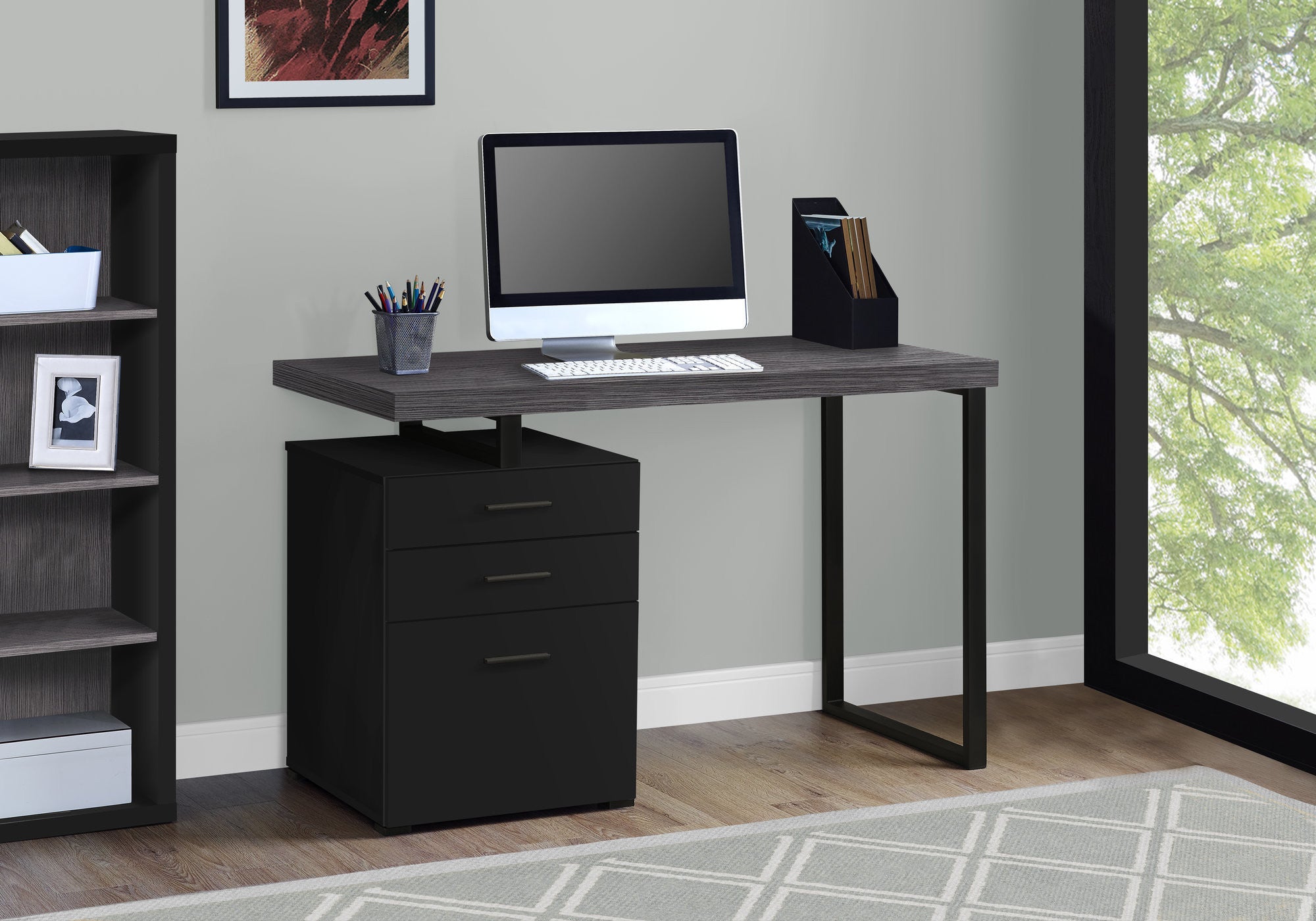 24" Gray and Black Computer Desk With Three Drawers-Desks-DECOROLALA