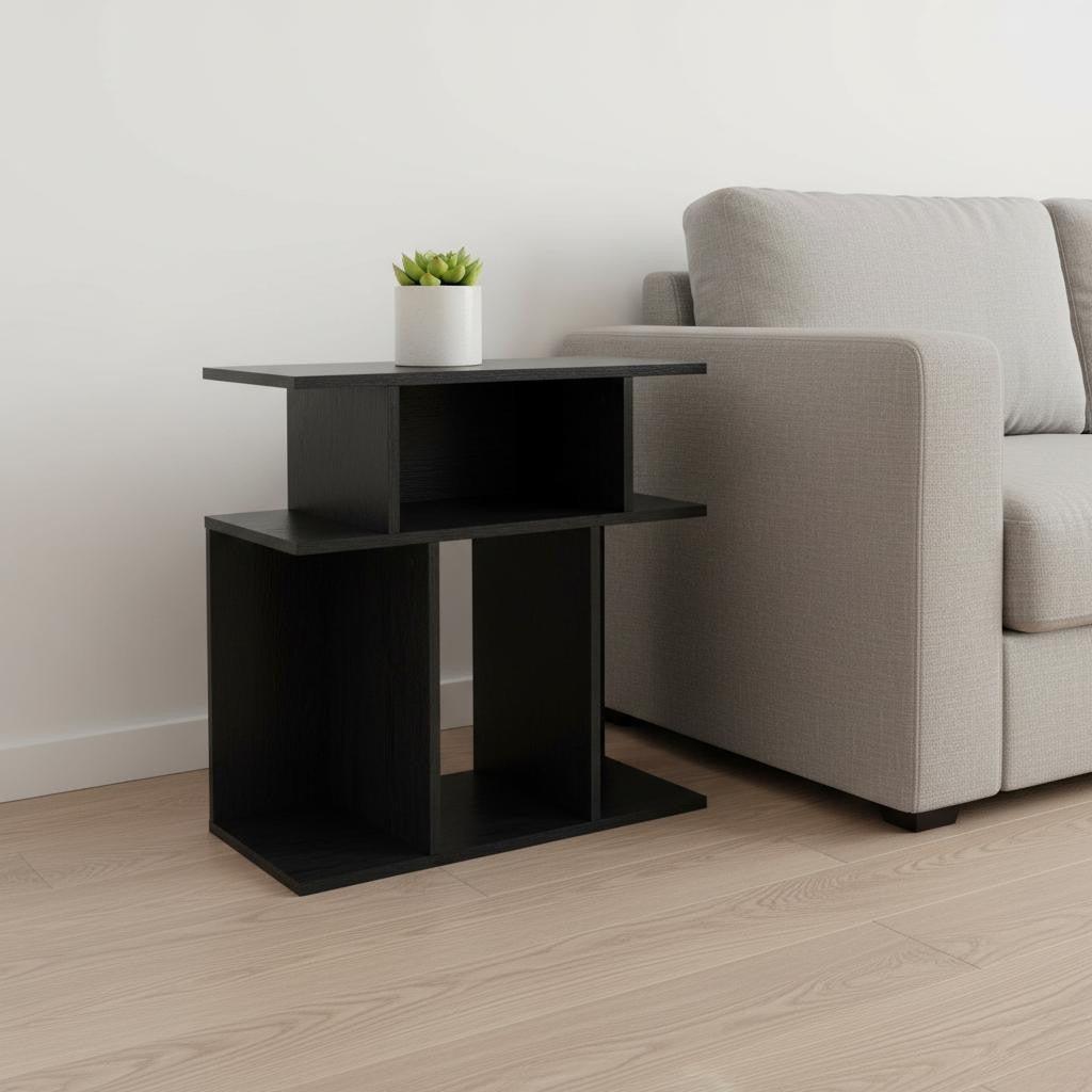 24" Gray and Black Wood Floor Shelf End Table With 6-End-Side Tables-DECOROLALA