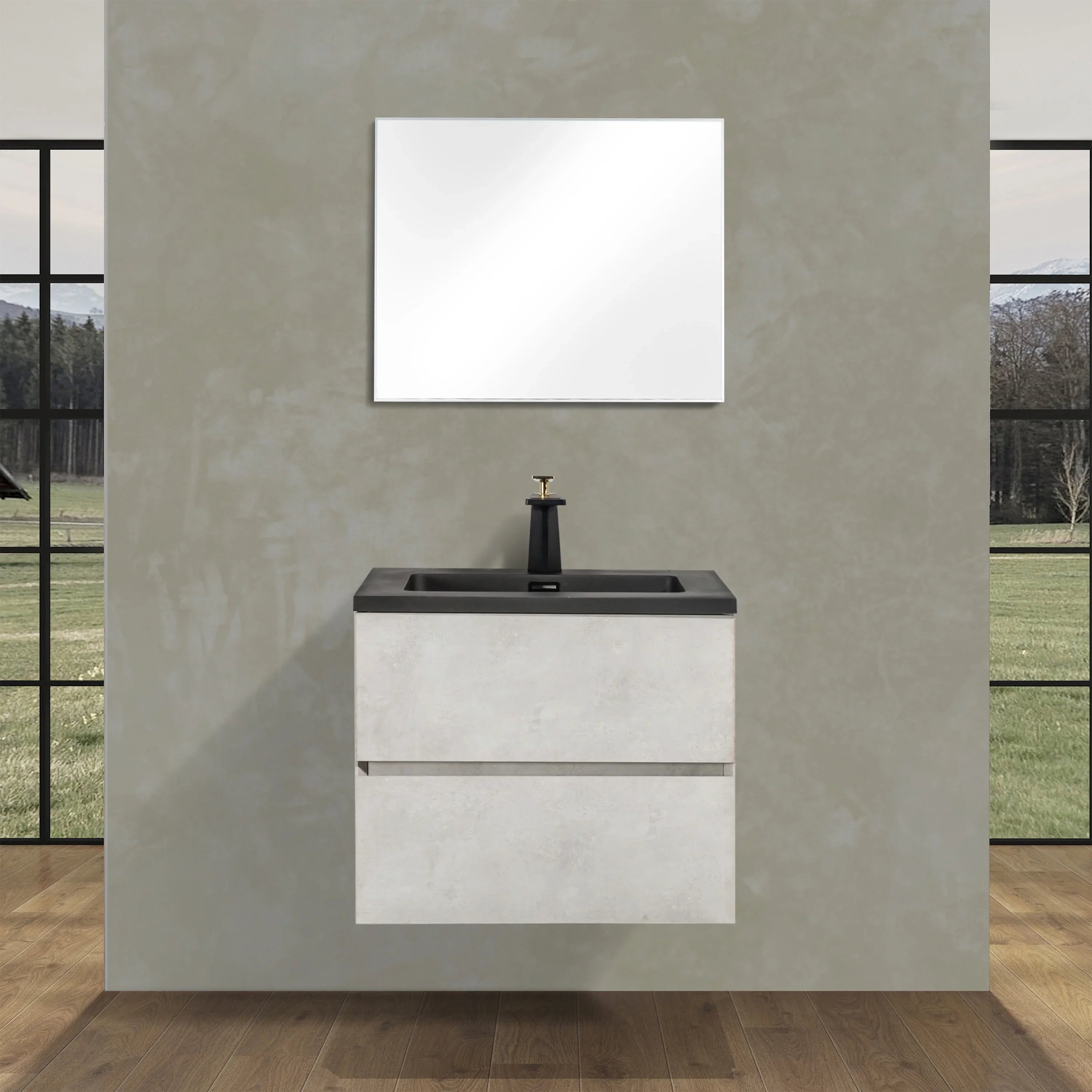 24" Grey Wall Mount Bathroom Vanity with Black Engineered Quartz Countertop-Migration_Bathroom Vanities-DECOROLALA