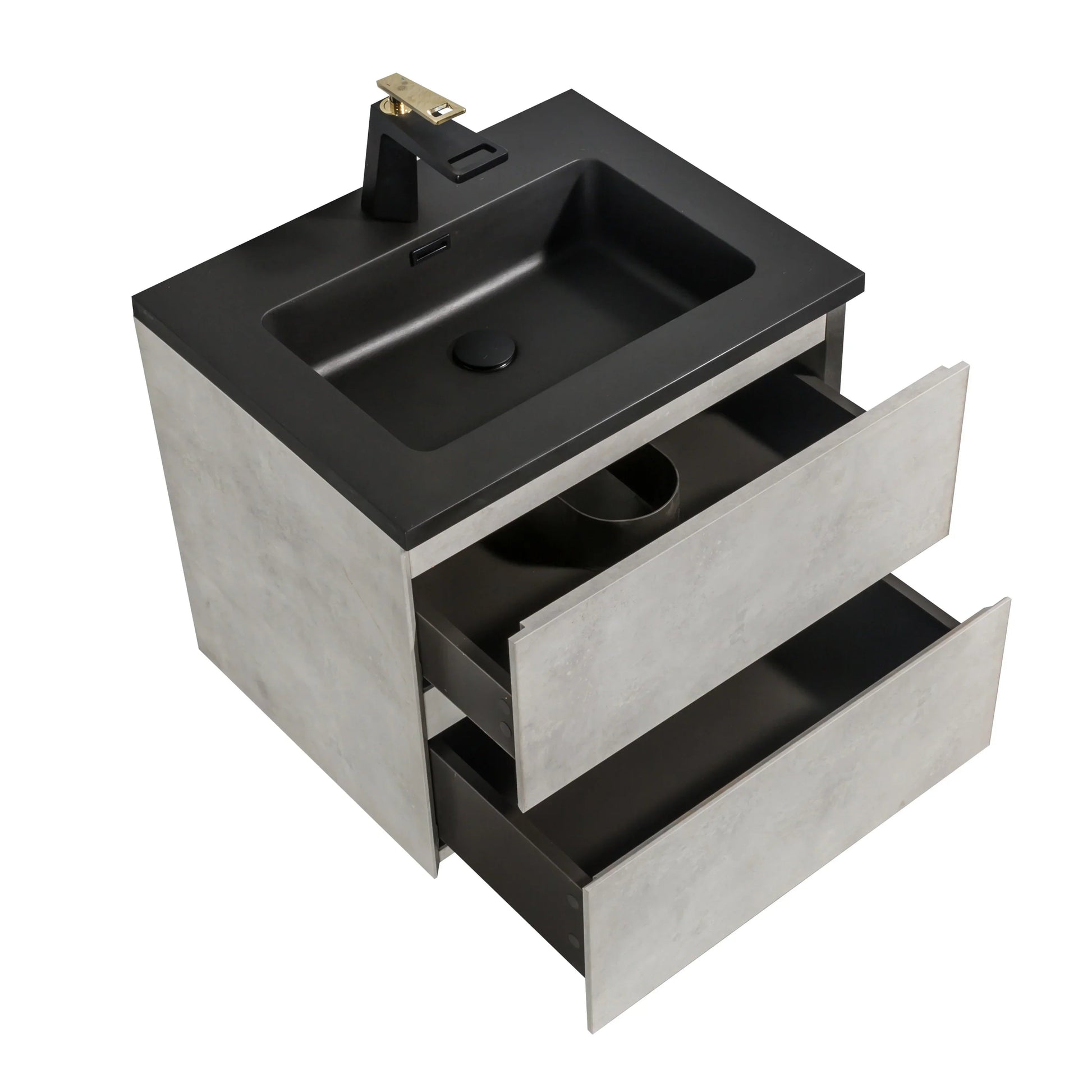 24" Grey Wall Mount Bathroom Vanity with Black Engineered Quartz Countertop-Migration_Bathroom Vanities-DECOROLALA