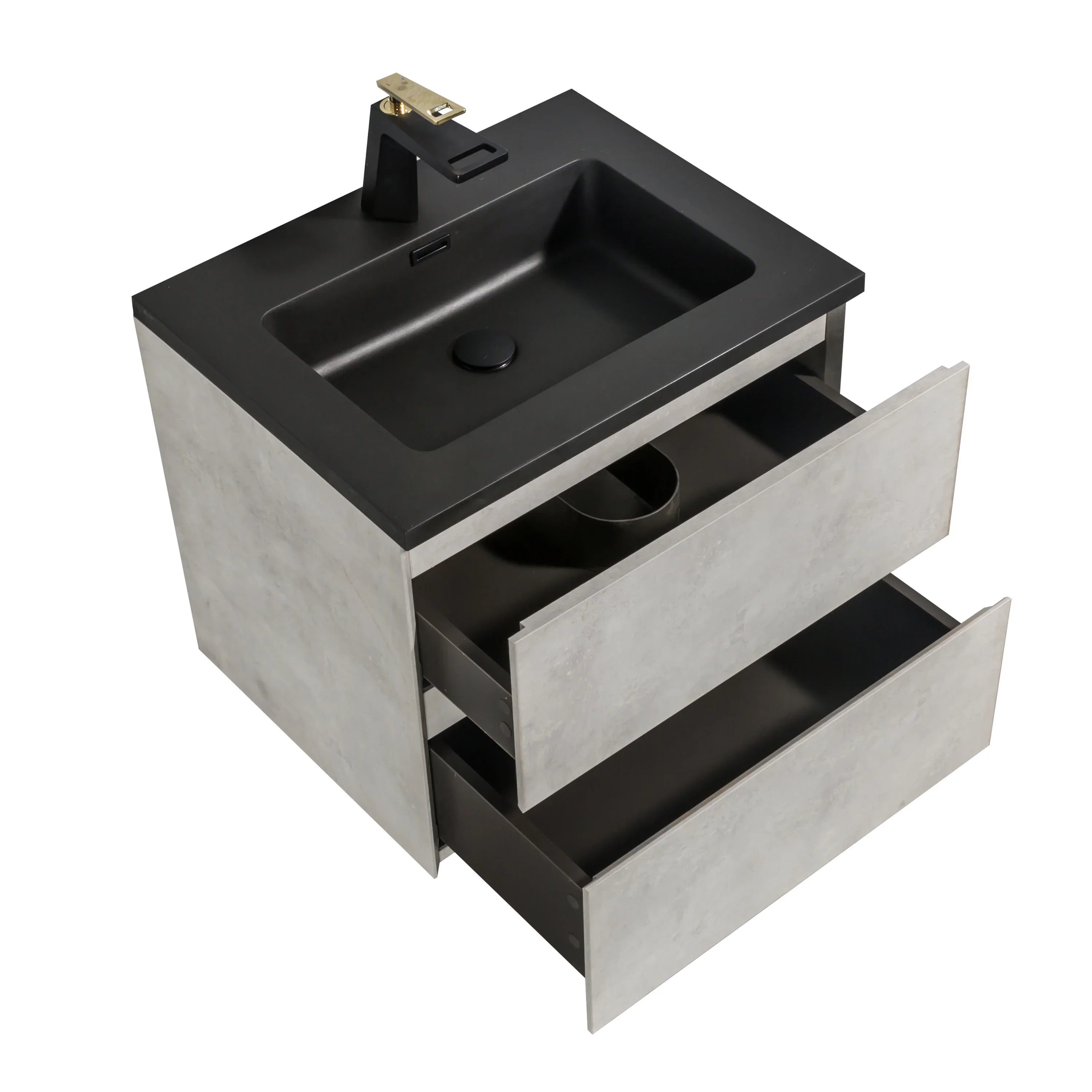 24" Grey Wall Mount Bathroom Vanity with Black Engineered Quartz Countertop-Migration_Bathroom Vanities-DECOROLALA