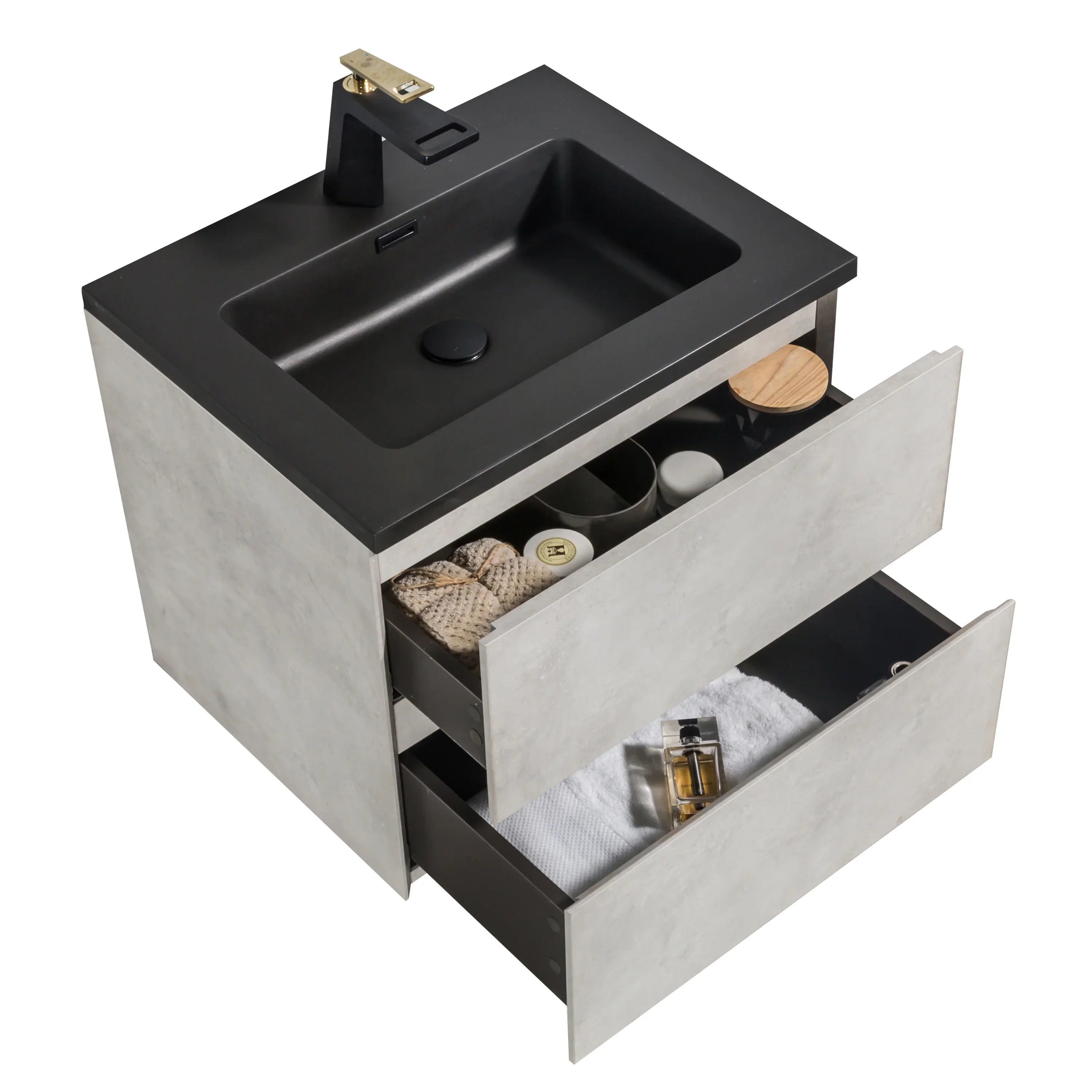 24" Grey Wall Mount Bathroom Vanity with Black Engineered Quartz Countertop-Migration_Bathroom Vanities-DECOROLALA