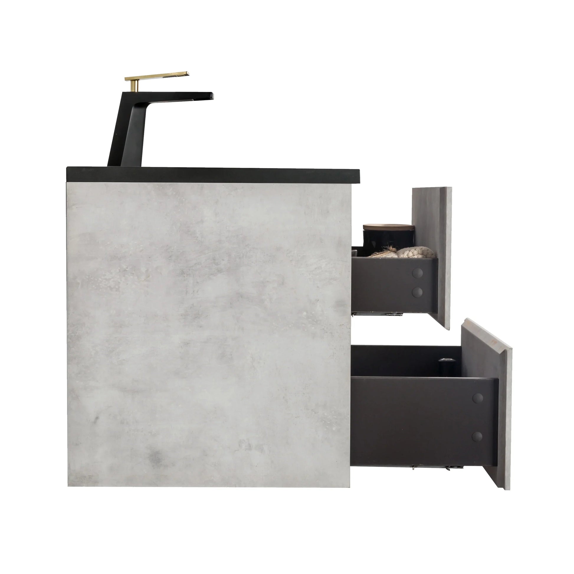 24" Grey Wall Mount Bathroom Vanity with Black Engineered Quartz Countertop-Migration_Bathroom Vanities-DECOROLALA