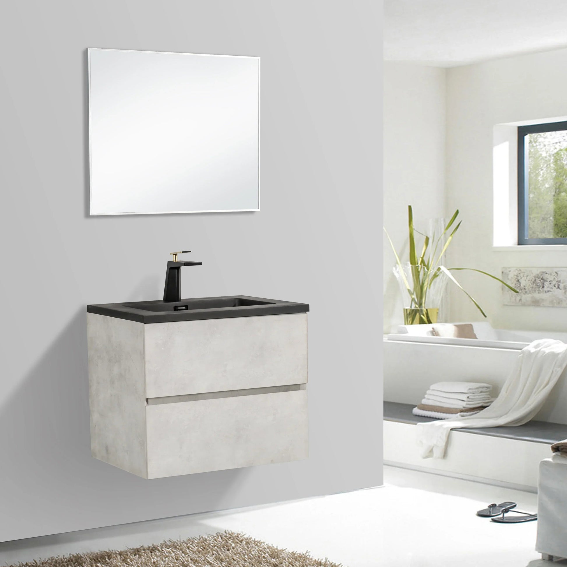 24" Grey Wall Mount Bathroom Vanity with Black Engineered Quartz Countertop-Migration_Bathroom Vanities-DECOROLALA