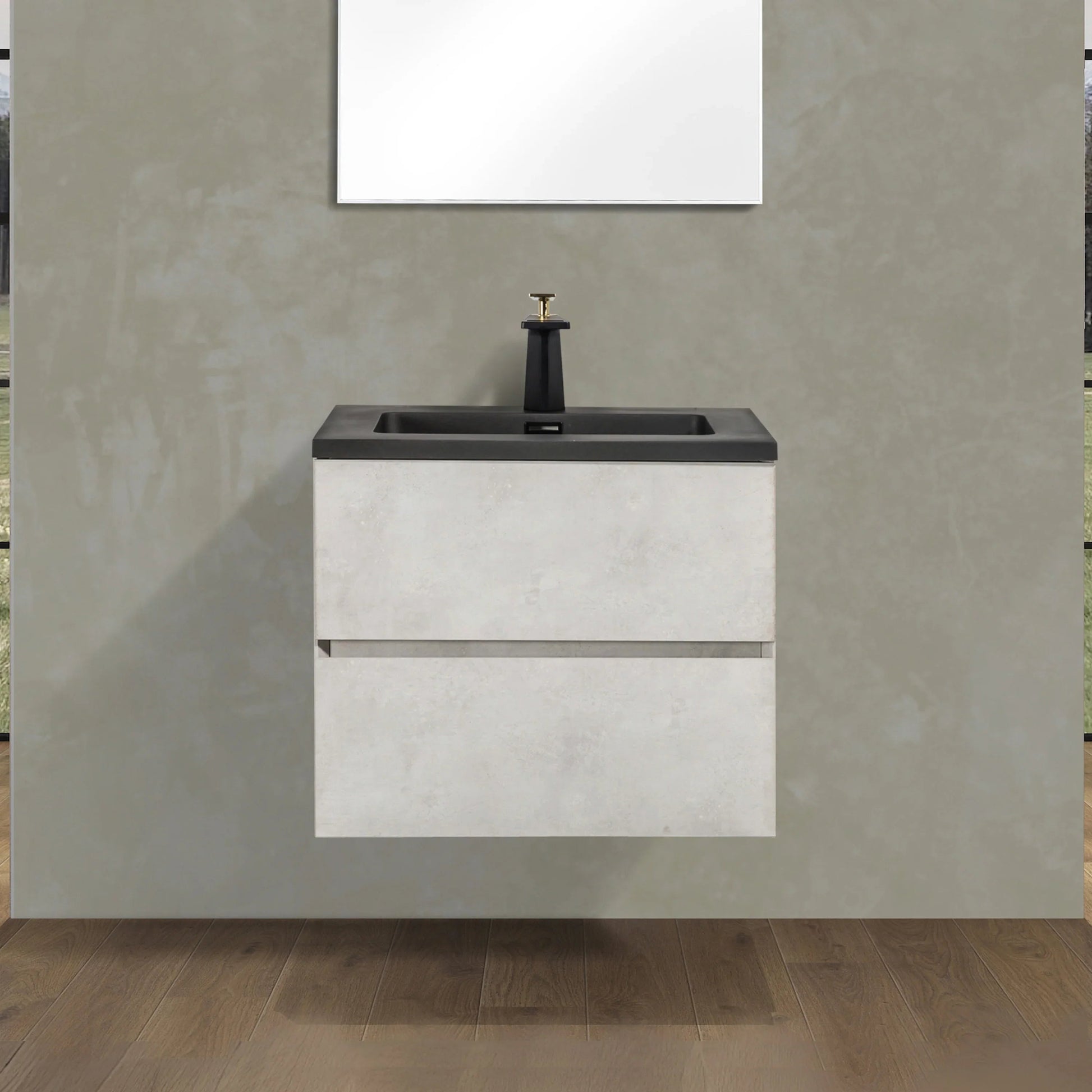 24" Grey Wall Mount Bathroom Vanity with Black Engineered Quartz Countertop-Migration_Bathroom Vanities-DECOROLALA