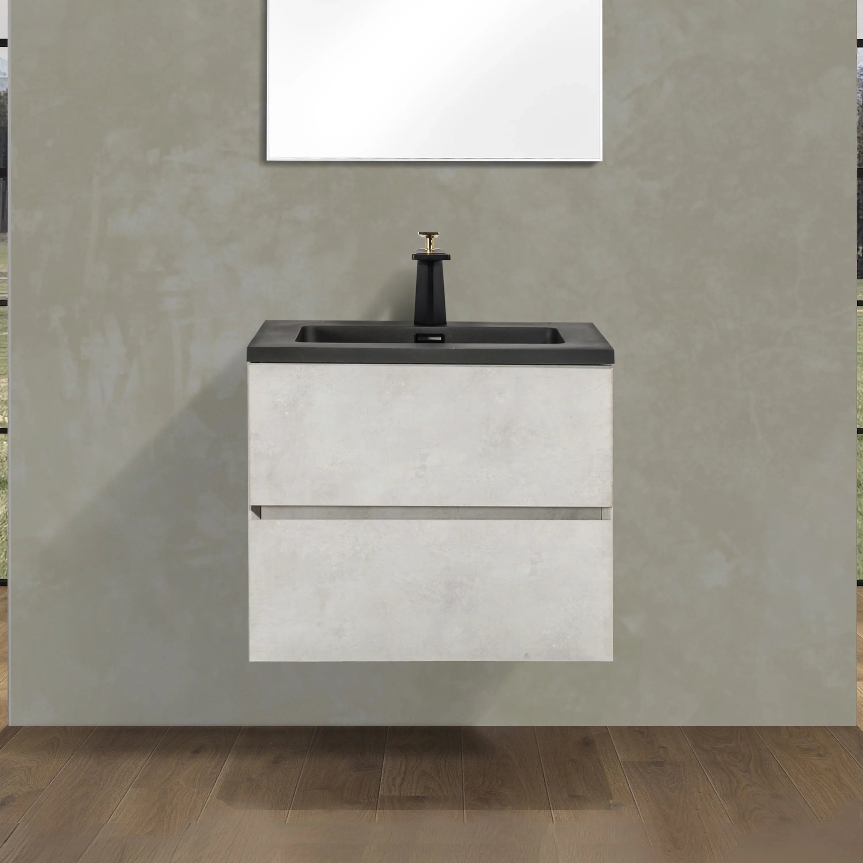 24" Grey Wall Mount Bathroom Vanity with Black Engineered Quartz Countertop-Migration_Bathroom Vanities-DECOROLALA