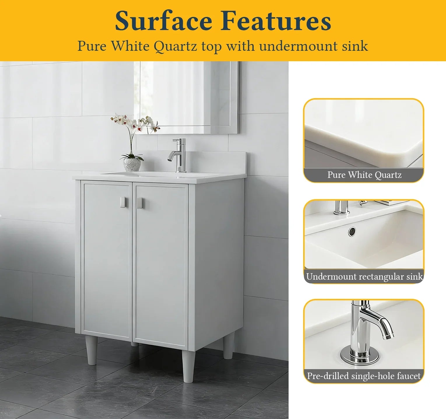 24" Hampton Grey Freestanding Vanity with Pure White Quartz Countertop-Migration_Bathroom Vanities-DECOROLALA