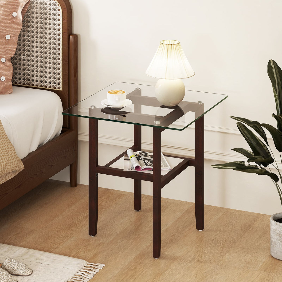 24 Inch 2-Tier Square Glass Coffee Table Center Table with Storage Shelf-Brown-End & Side Tables-DECOROLALA