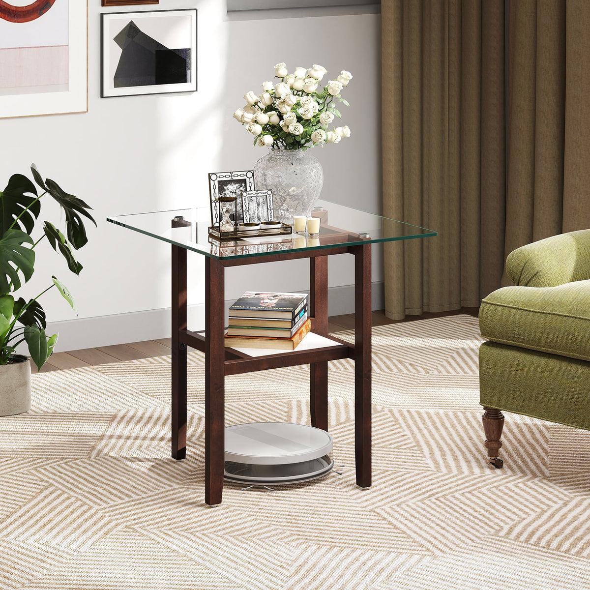 24 Inch 2-Tier Square Glass Coffee Table Center Table with Storage Shelf-Brown-End & Side Tables-DECOROLALA