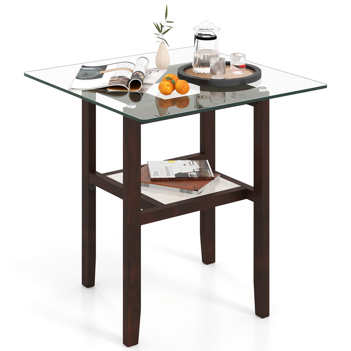 24 Inch 2-Tier Square Glass Coffee Table Center Table with Storage Shelf-Brown-End & Side Tables-DECOROLALA