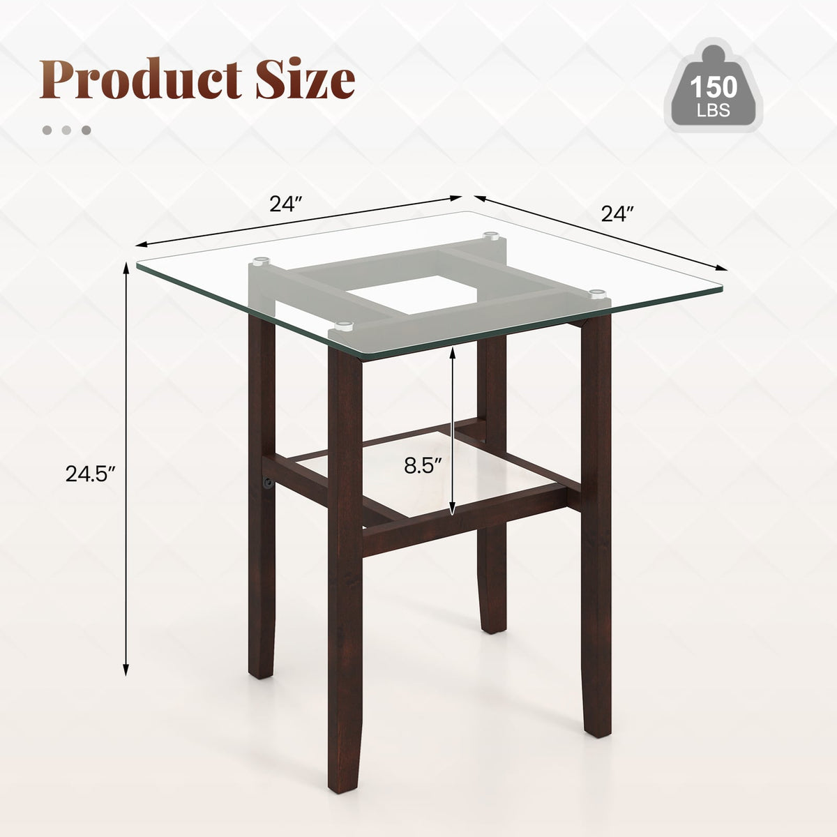 24 Inch 2-Tier Square Glass Coffee Table Center Table with Storage Shelf-Brown-End & Side Tables-DECOROLALA