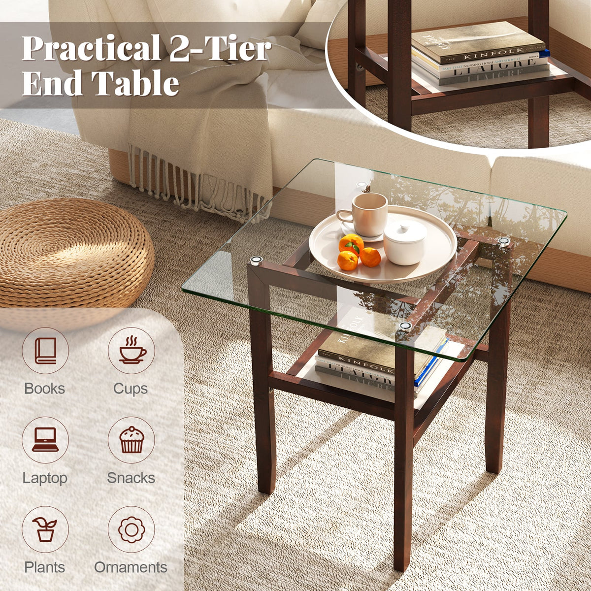 24 Inch 2-Tier Square Glass Coffee Table Center Table with Storage Shelf-Brown-End & Side Tables-DECOROLALA