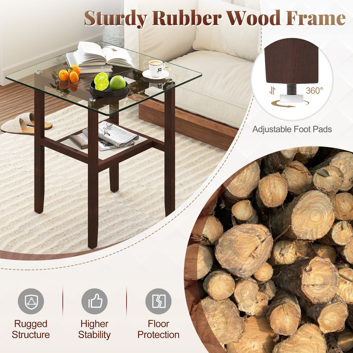 24 Inch 2-Tier Square Glass Coffee Table Center Table with Storage Shelf-Brown-End & Side Tables-DECOROLALA