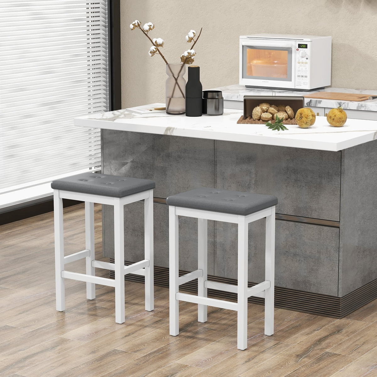 24 Inch Bar Stools with Padded Seat Footrest and Rubber Wood Frame-White-Bar Stools-DECOROLALA