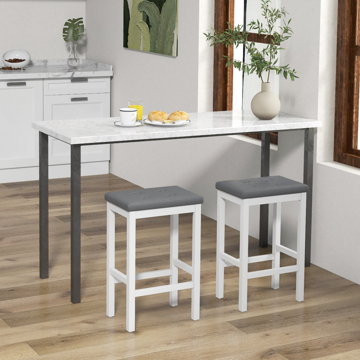 24 Inch Bar Stools with Padded Seat Footrest and Rubber Wood Frame-White-Bar Stools-DECOROLALA