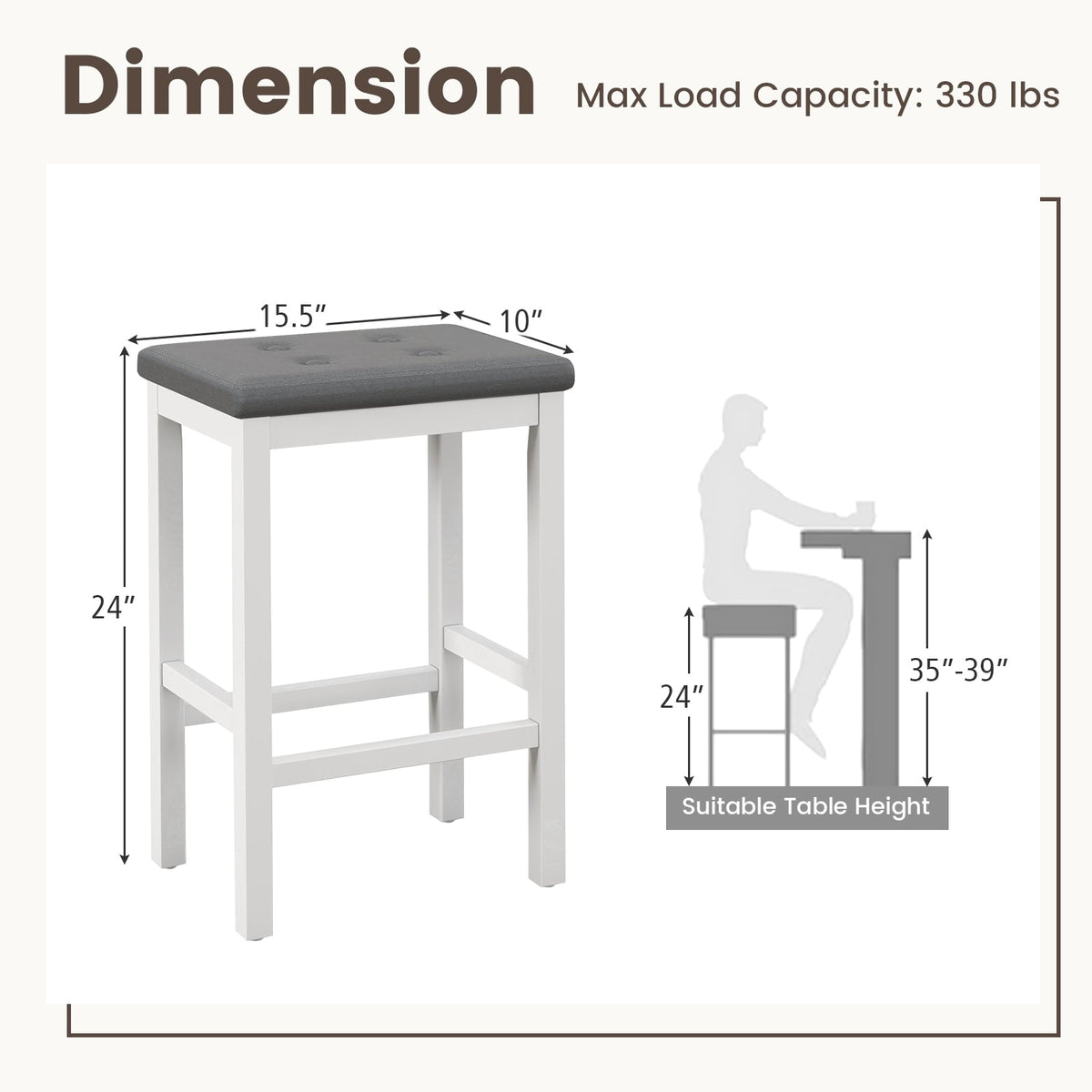 24 Inch Bar Stools with Padded Seat Footrest and Rubber Wood Frame-White-Bar Stools-DECOROLALA