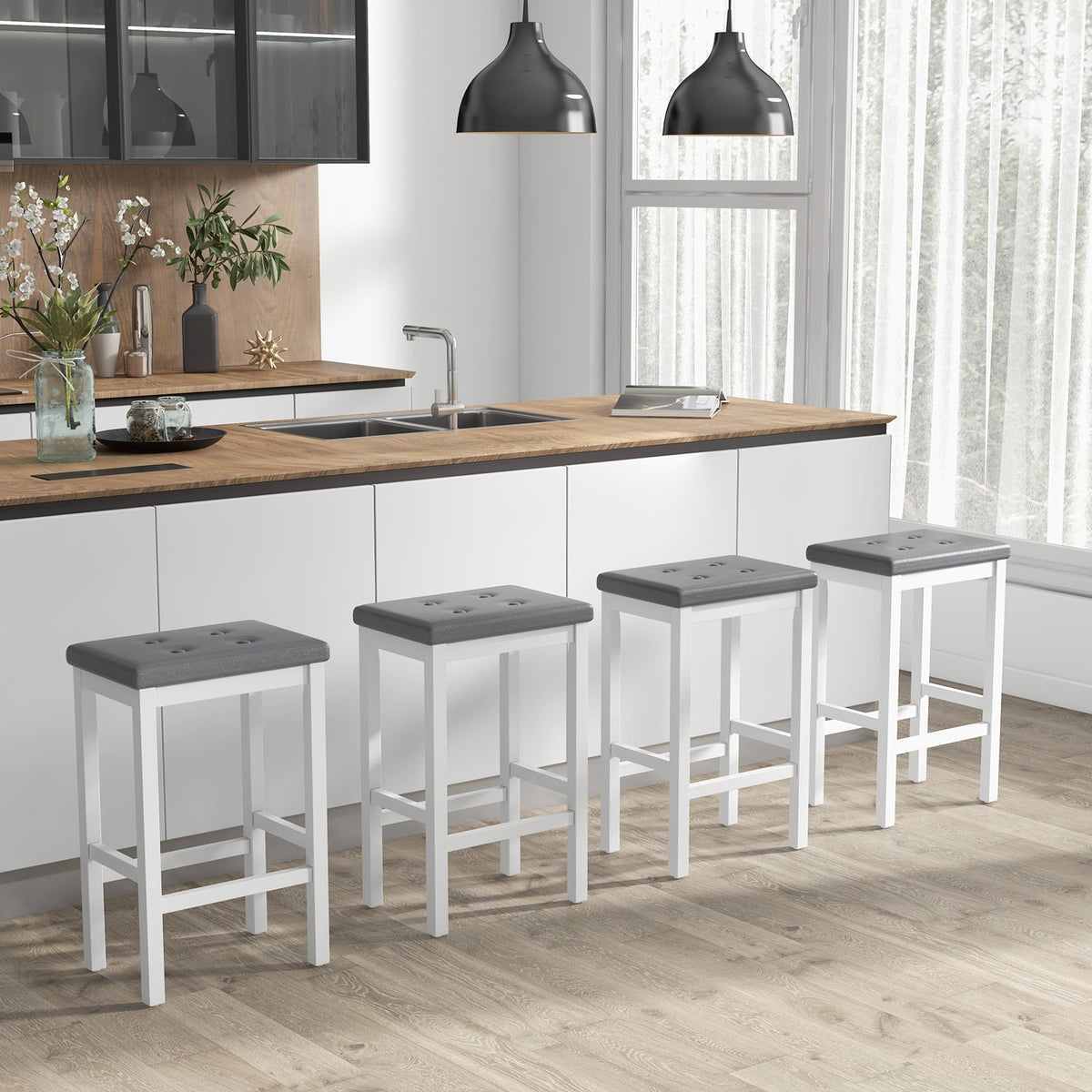 24 Inch Bar Stools with Padded Seat Footrest and Rubber Wood Frame-White-Bar Stools-DECOROLALA