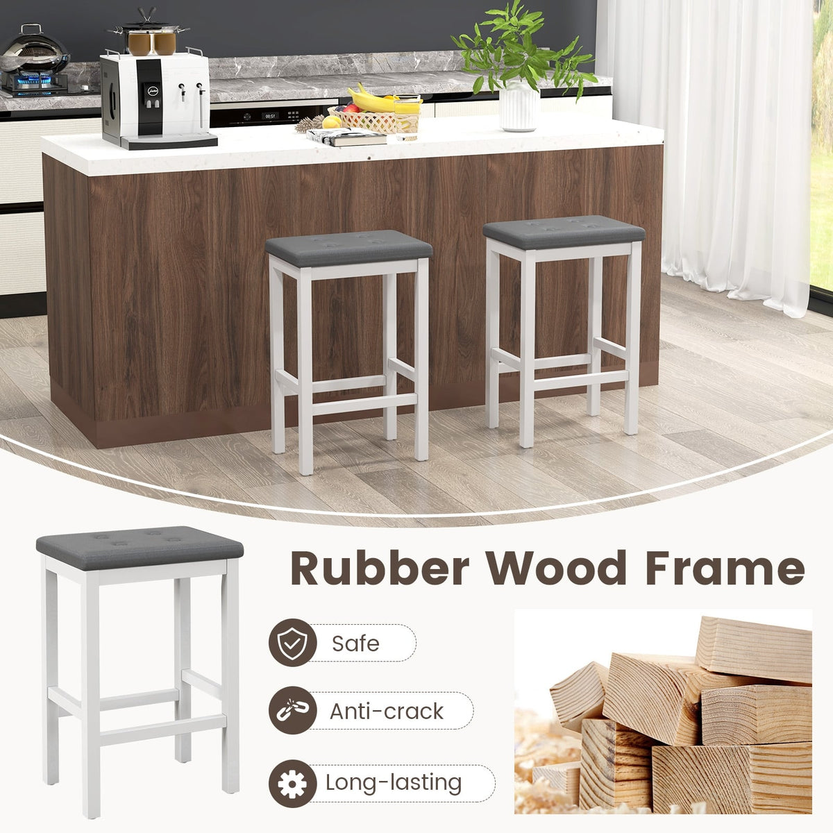 24 Inch Bar Stools with Padded Seat Footrest and Rubber Wood Frame-White-Bar Stools-DECOROLALA