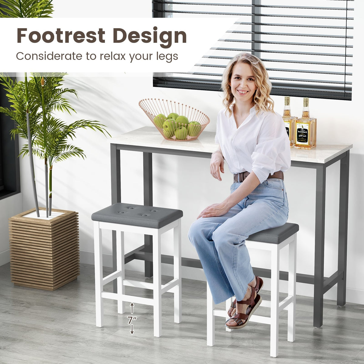 24 Inch Bar Stools with Padded Seat Footrest and Rubber Wood Frame-White-Bar Stools-DECOROLALA