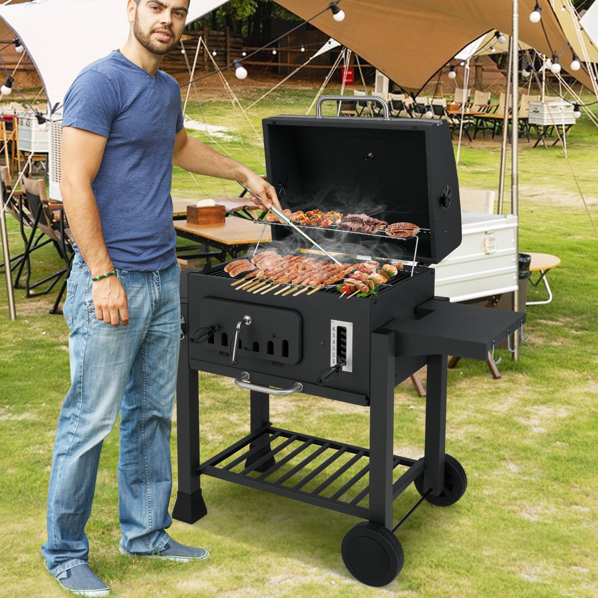 24-Inch Barrel Charcoal Grill with 2 Folding Side Tables and 544 sq.in Cooking Area-Outdoor Grills-DECOROLALA