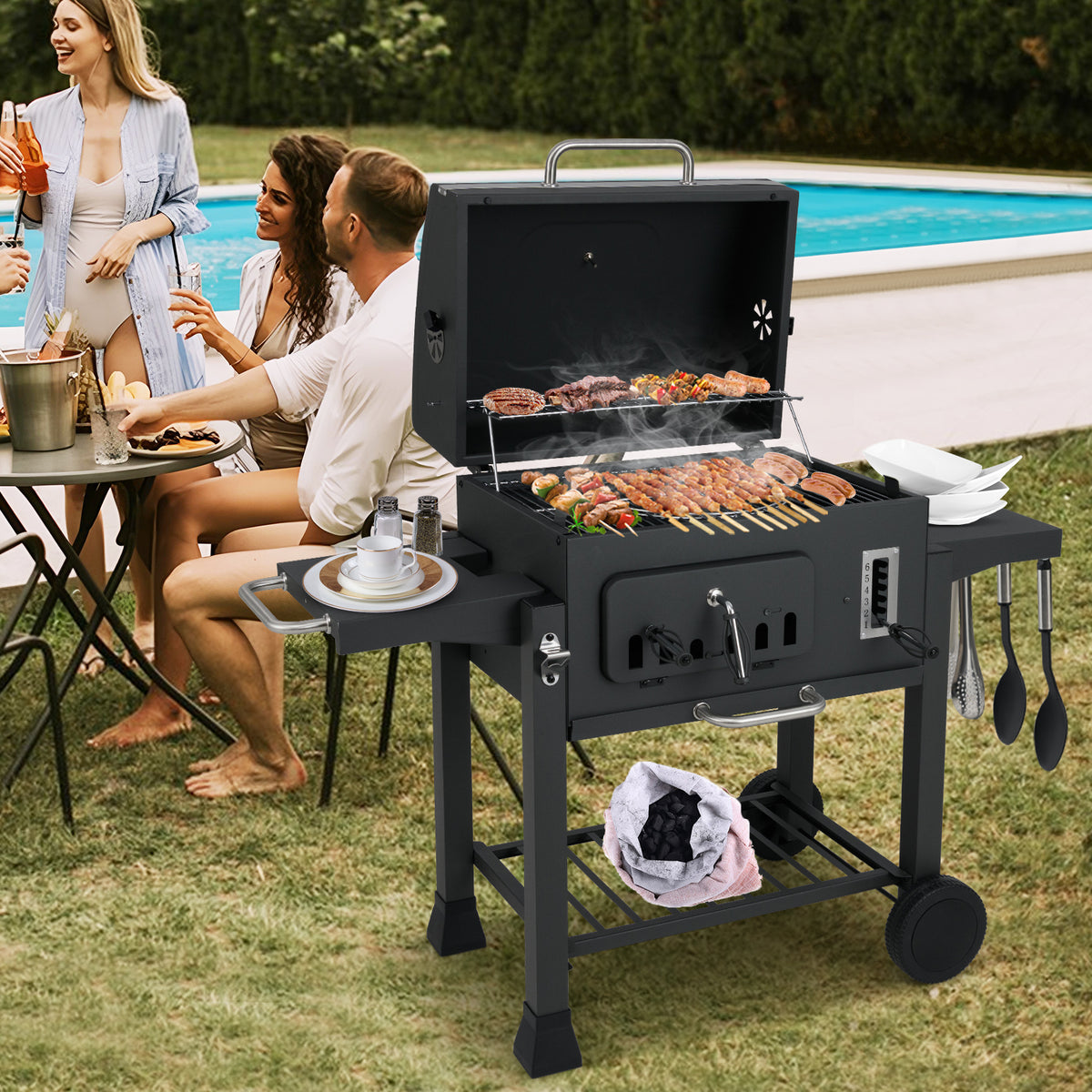 24-Inch Barrel Charcoal Grill with 2 Folding Side Tables and 544 sq.in Cooking Area-Outdoor Grills-DECOROLALA