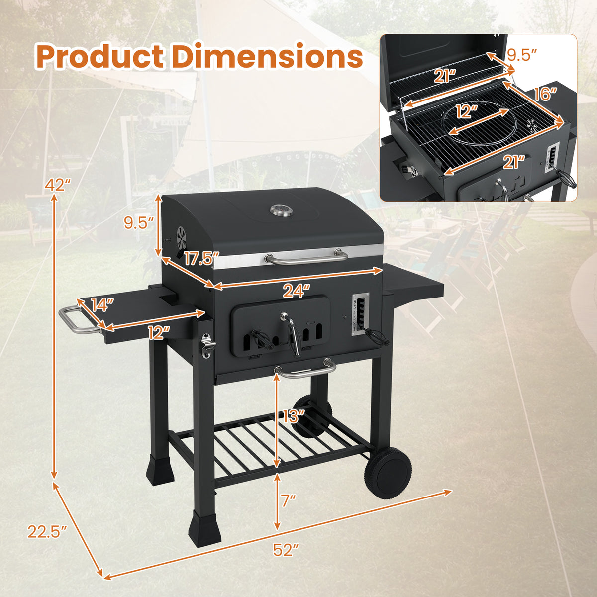 24-Inch Barrel Charcoal Grill with 2 Folding Side Tables and 544 sq.in Cooking Area-Outdoor Grills-DECOROLALA