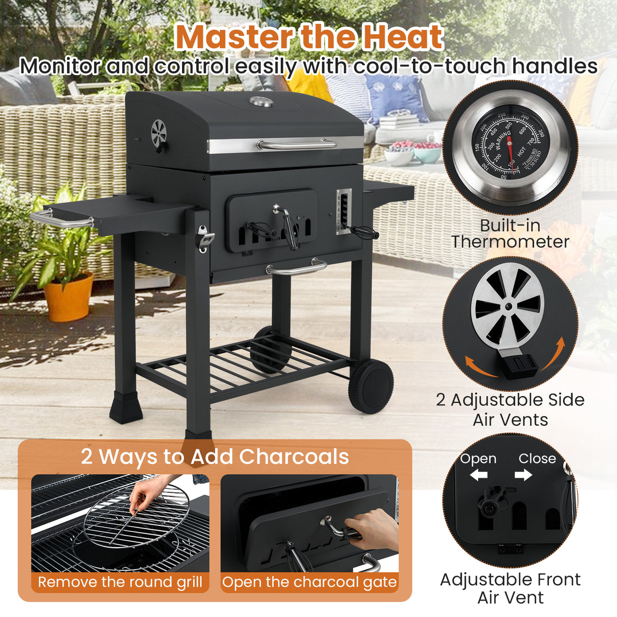 24-Inch Barrel Charcoal Grill with 2 Folding Side Tables and 544 sq.in Cooking Area-Outdoor Grills-DECOROLALA
