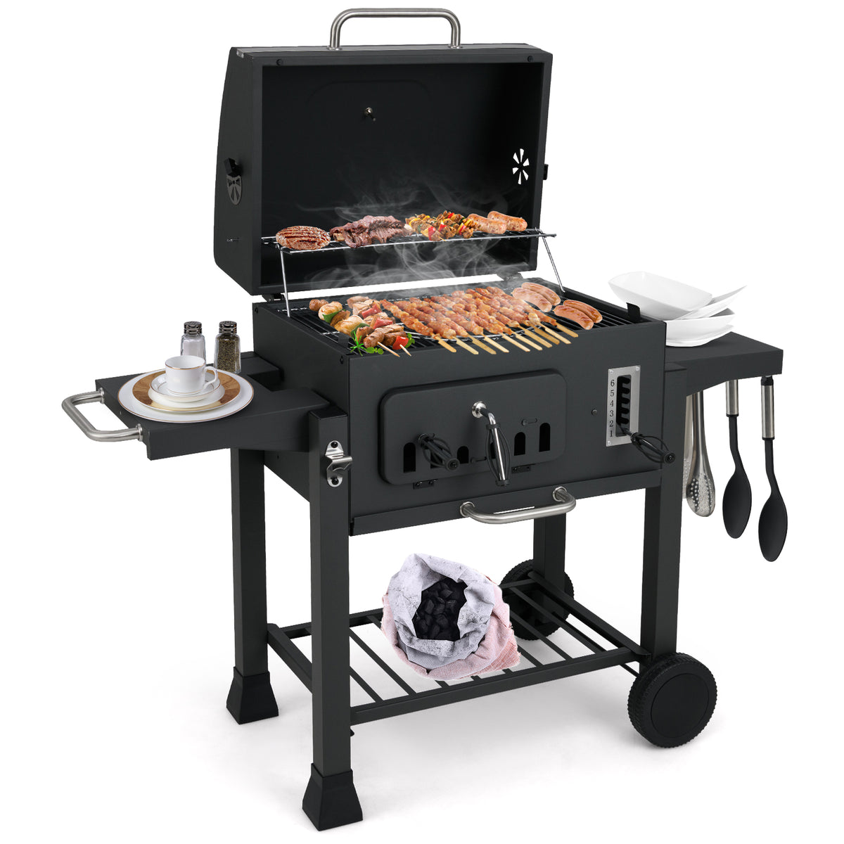 24-Inch Barrel Charcoal Grill with 2 Folding Side Tables and 544 sq.in Cooking Area-Outdoor Grills-DECOROLALA